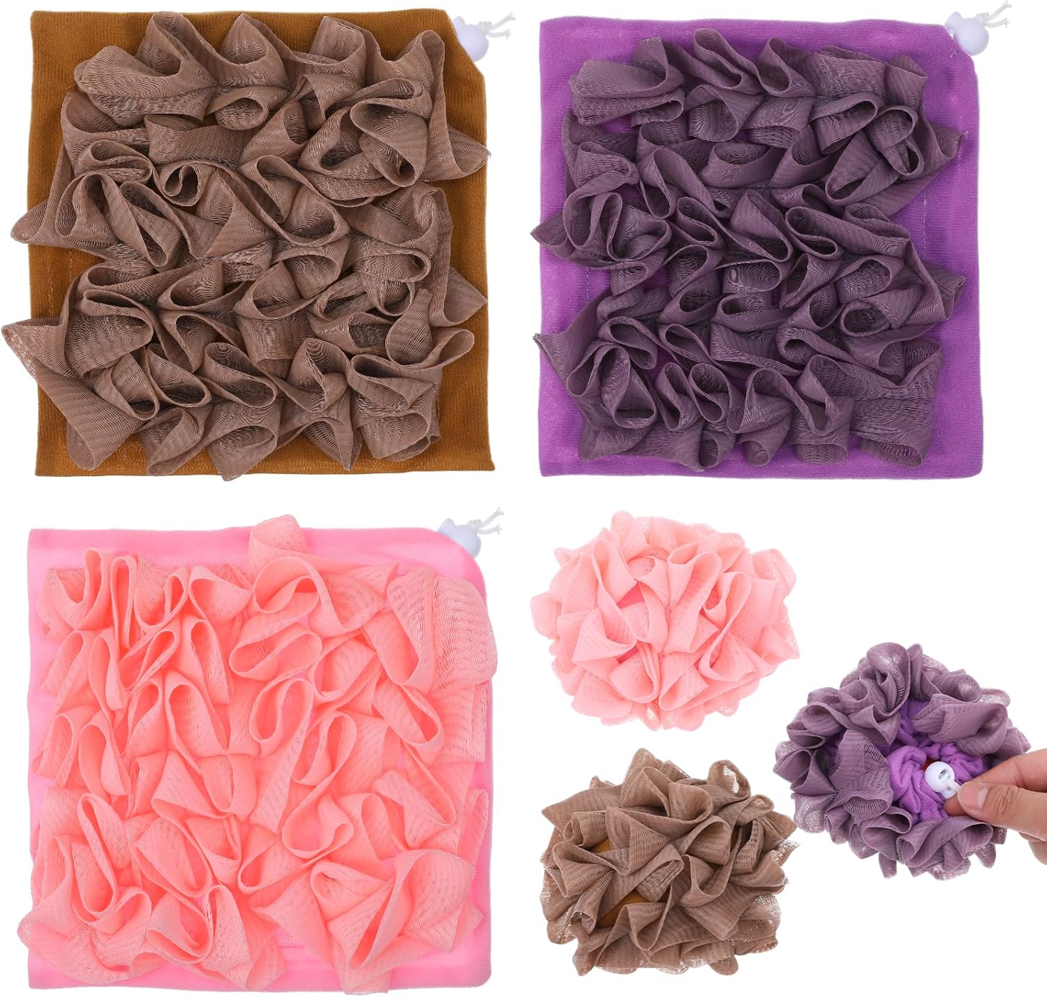 3Pcs Soap Loofah Pouch, 2 in 1 Washcloth Loofah Combo with Retractable Cord That Holds Bar Soap Exfoliation Mesh Shower Ball for Body Wash Bathing Smooth Skin (Khaki + Coffee + Pink)