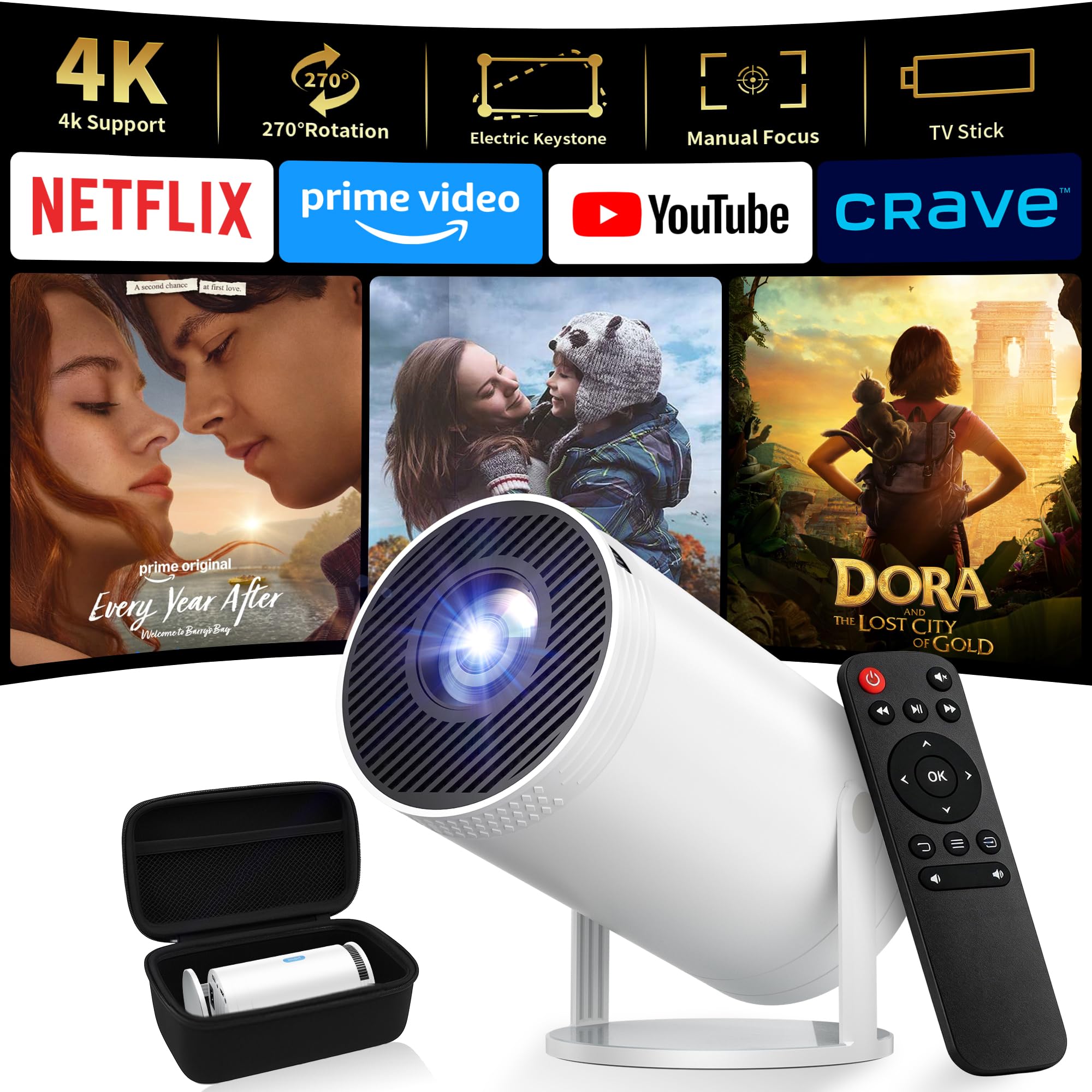 Telonixium Mini Projector, Full HD 1080P with 4K Support, Portable Projector with Carrying Case, 270° Rotation, Electric Keystone, 200" Screen, Low Noise ≤25dB, HDMI USB AUX, Home Cinema, Projecteur
