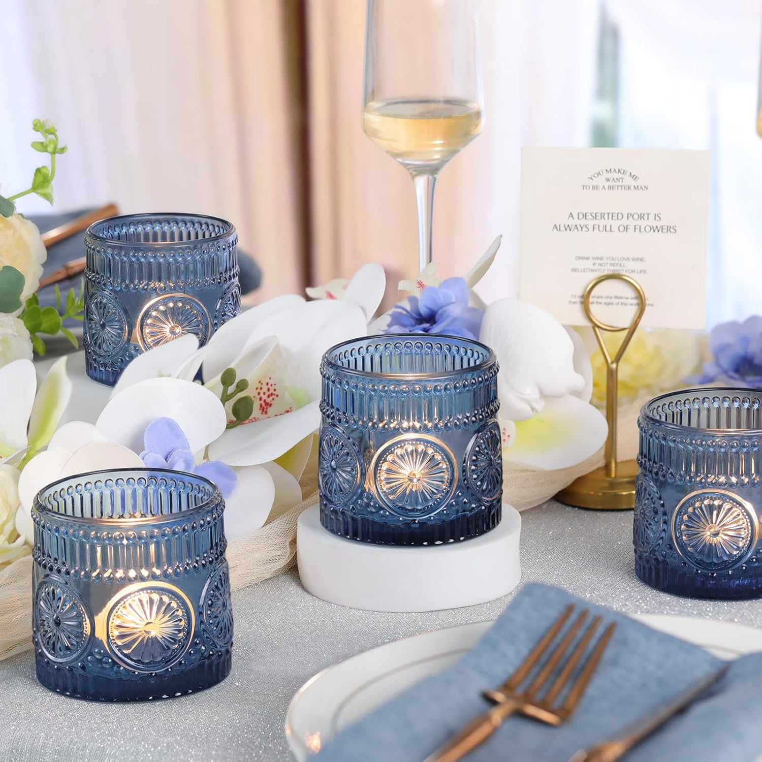 6Pcs Large Votive Candle Holders Blue Glass Tealight Candle Holders for Wedding, Table Centerpiece, Party, Birthday, Home Decor