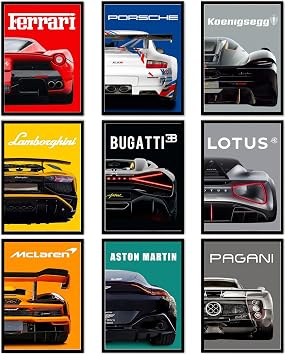 ZYHNNKL Car Poster Super Car Wall Art Poster For Men Racing Car Canvas Prints For Boys Bedroom,Unframed Set of 9, 8 x 12 inch