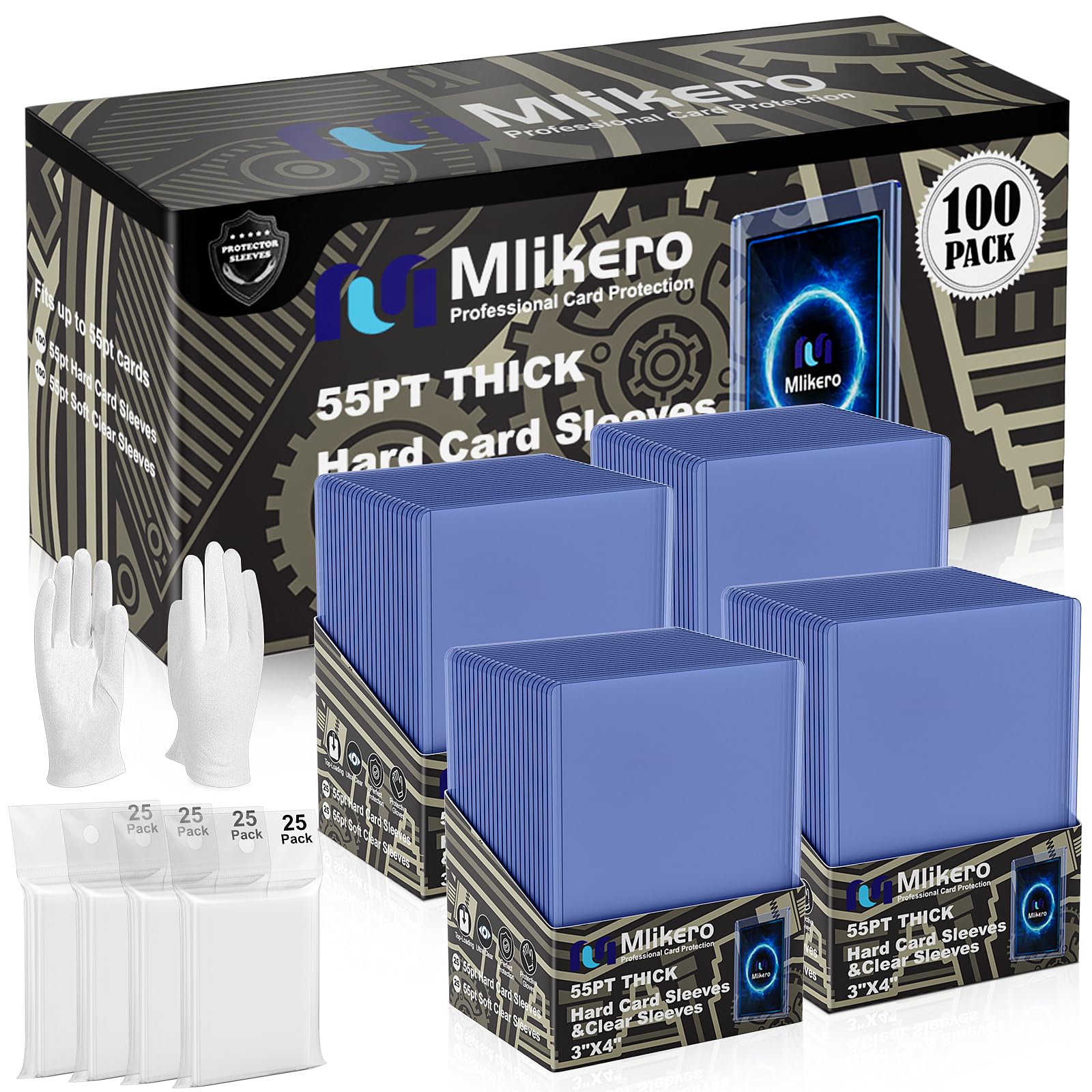 100 Count 55pt Card Sleeves Hard Plastic, Includes 100 Count 55pt Clear Soft Sleeves, 3