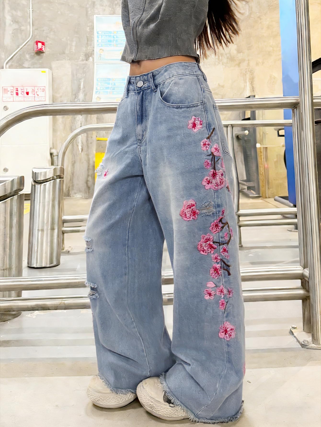 Jeans larghi da donna, ricamati, alla moda, stile hip hop, a gamba larga, alla moda, skater, vestibilità larga, streetwear