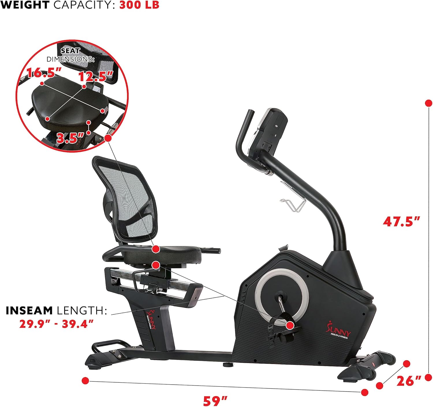Sunny Health Fitness Magnetic Resistance Recumbent Bike with Optional Exclusive SunnyFit™ App and Smart Bluetooth Connectivity Sunny Health Fitness Magnetic Resistance Recumbent Bike with Optional Exclusive SunnyFit™ App and Smart Bluetooth Connectivity