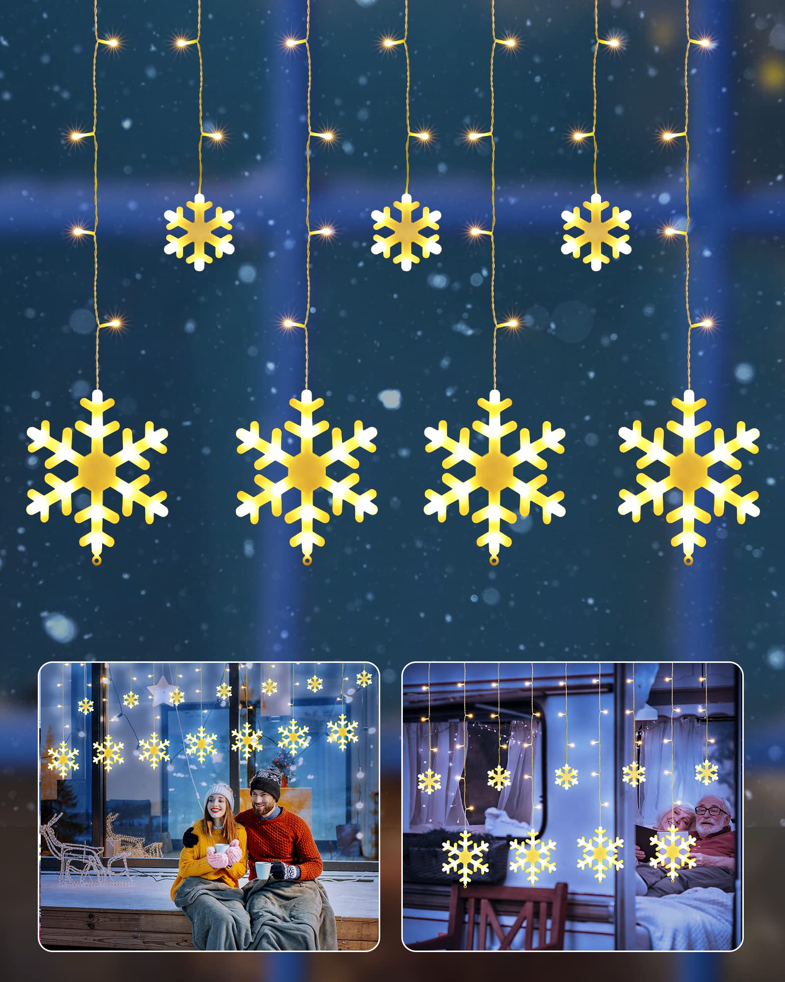 iShabao Christmas Snowflake Curtain Lights, 168 LED Curtain Fairy Lights, 8 Modes Christmas Fairy Window Lights for Party, Wedding, Garden, Bedroom, Xmas Decorations (Warm White)