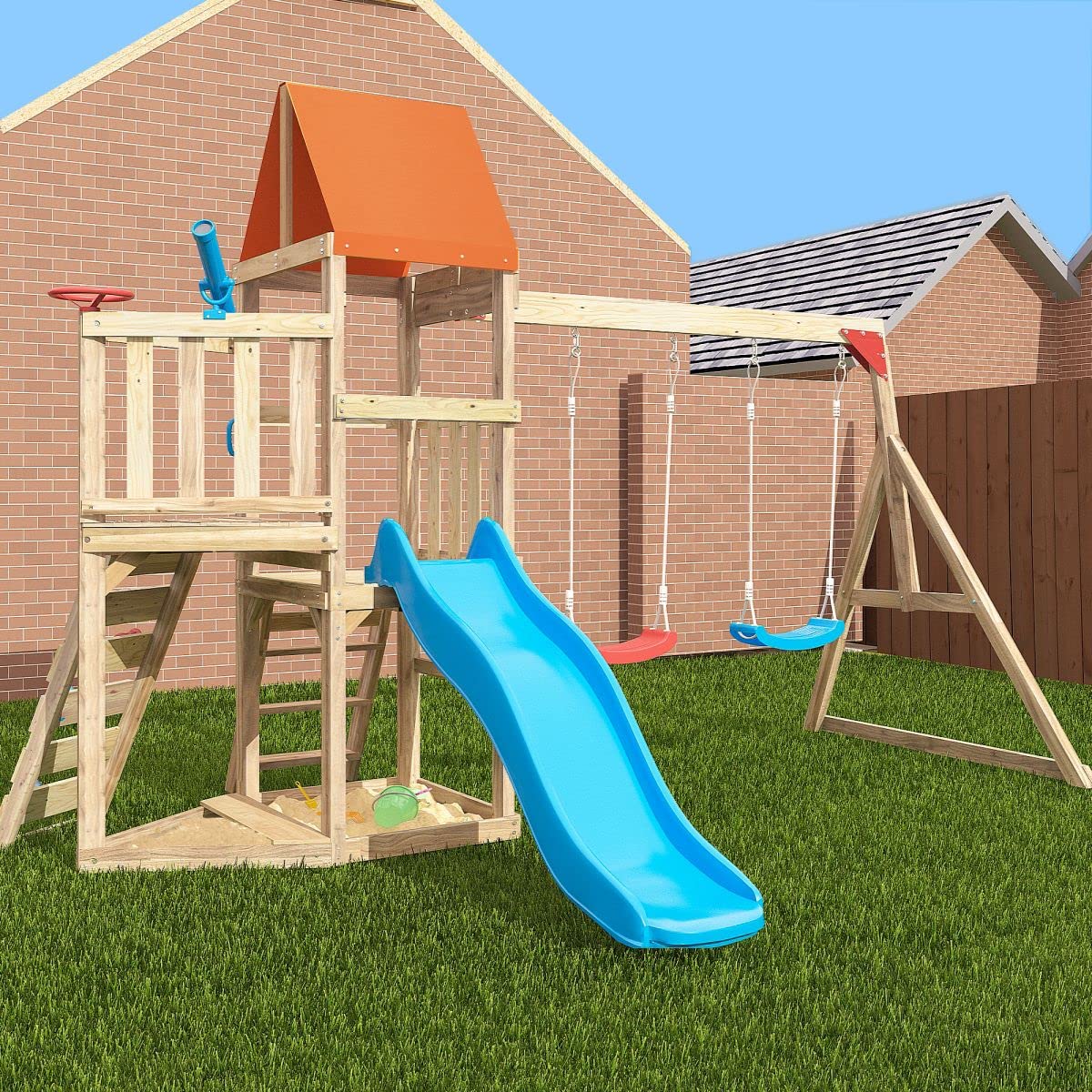 Buy YELITE Wooden climbing frame pirate ship with swing set and blue