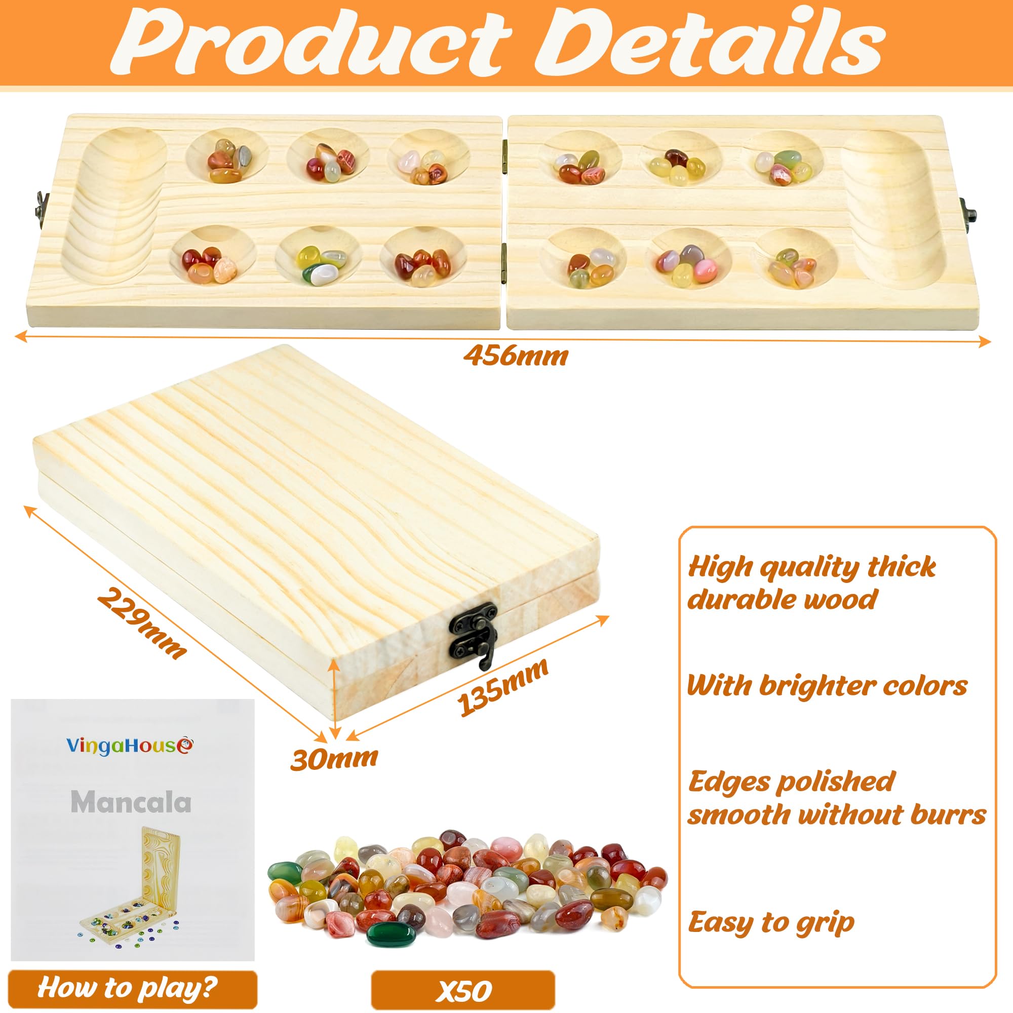 VingaHouse Mancala Board Game, Kalaha Board Game Folding Wooden Board + Natural Stone Pebbles, Families Board Games - Image 3