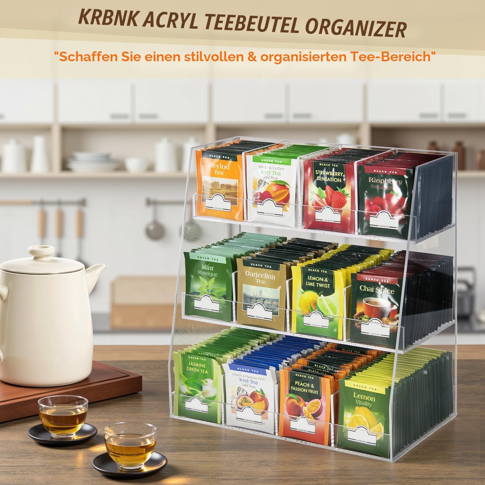 Teebeutel-Organizer aus Acryl, Teebeutel Organizer, 3 Stufiger Teebeutelhalter aus Acryl, Aufbewahrungs Organizer für Teebeutel, für Arbeitsplatten, Küchenschränke, Vorratskammern