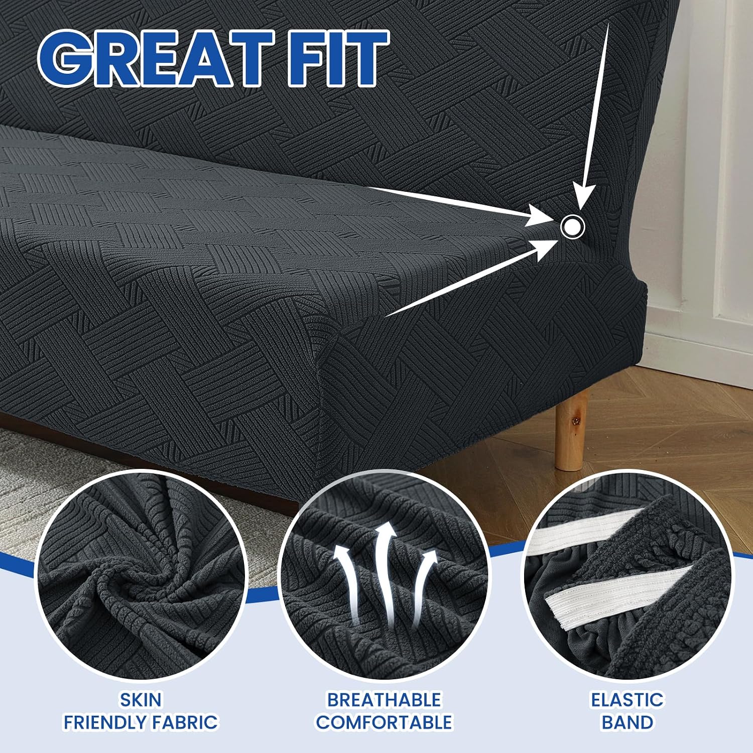 XINEAGE Stretch Futon Cover Armless Sofa Bed Cover Anti-Slip Full Size Furniture Protector Without Armrests Futon Slipcover with Elastic Bottom,67"-82",Dark Gray