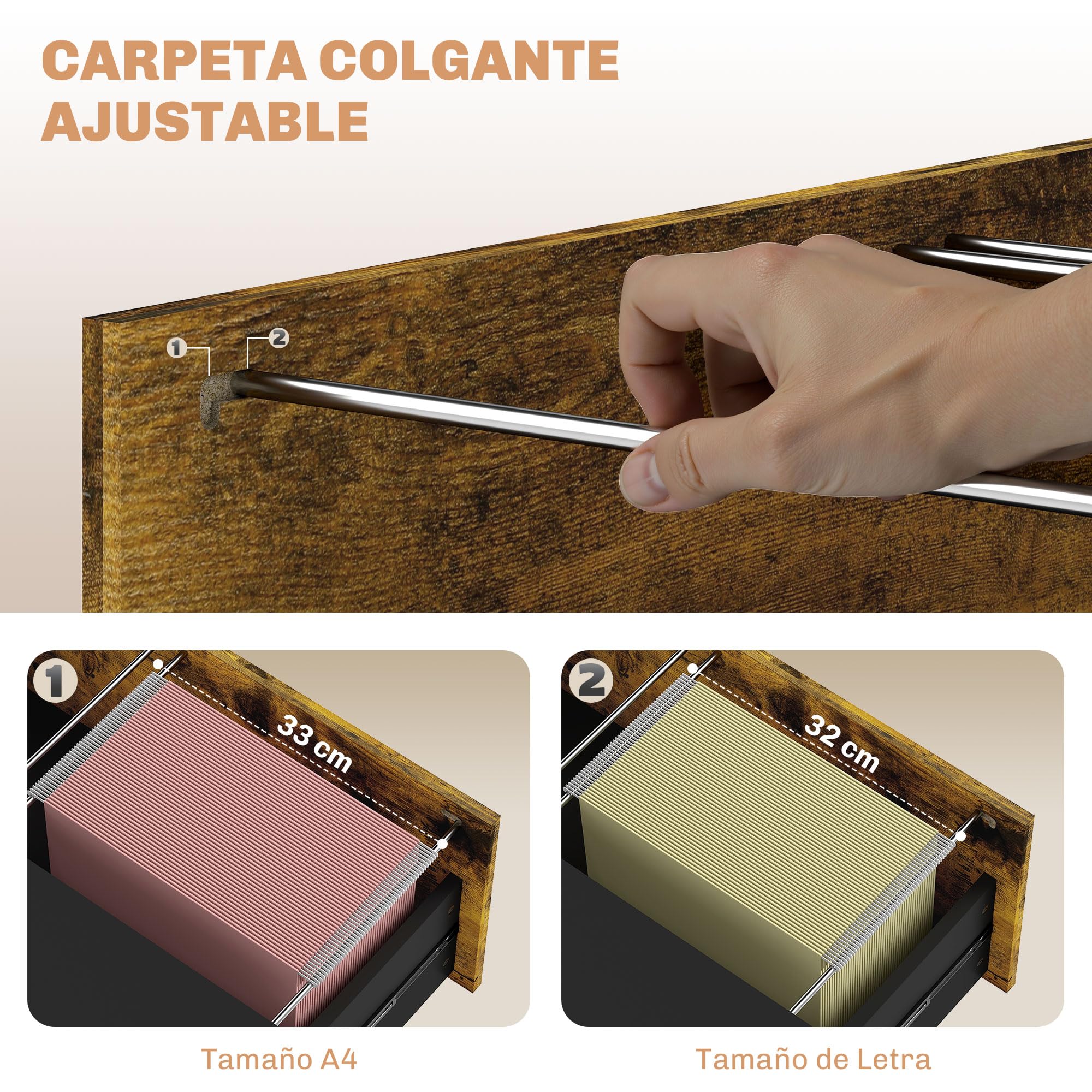 HOMCOM Cassettiera da ufficio industriale con 2 cassetti e serratura cassetto per raccoglitori con cartelle sospese, dimensioni A4, 80 x 39 x 73,5 cm, marrone