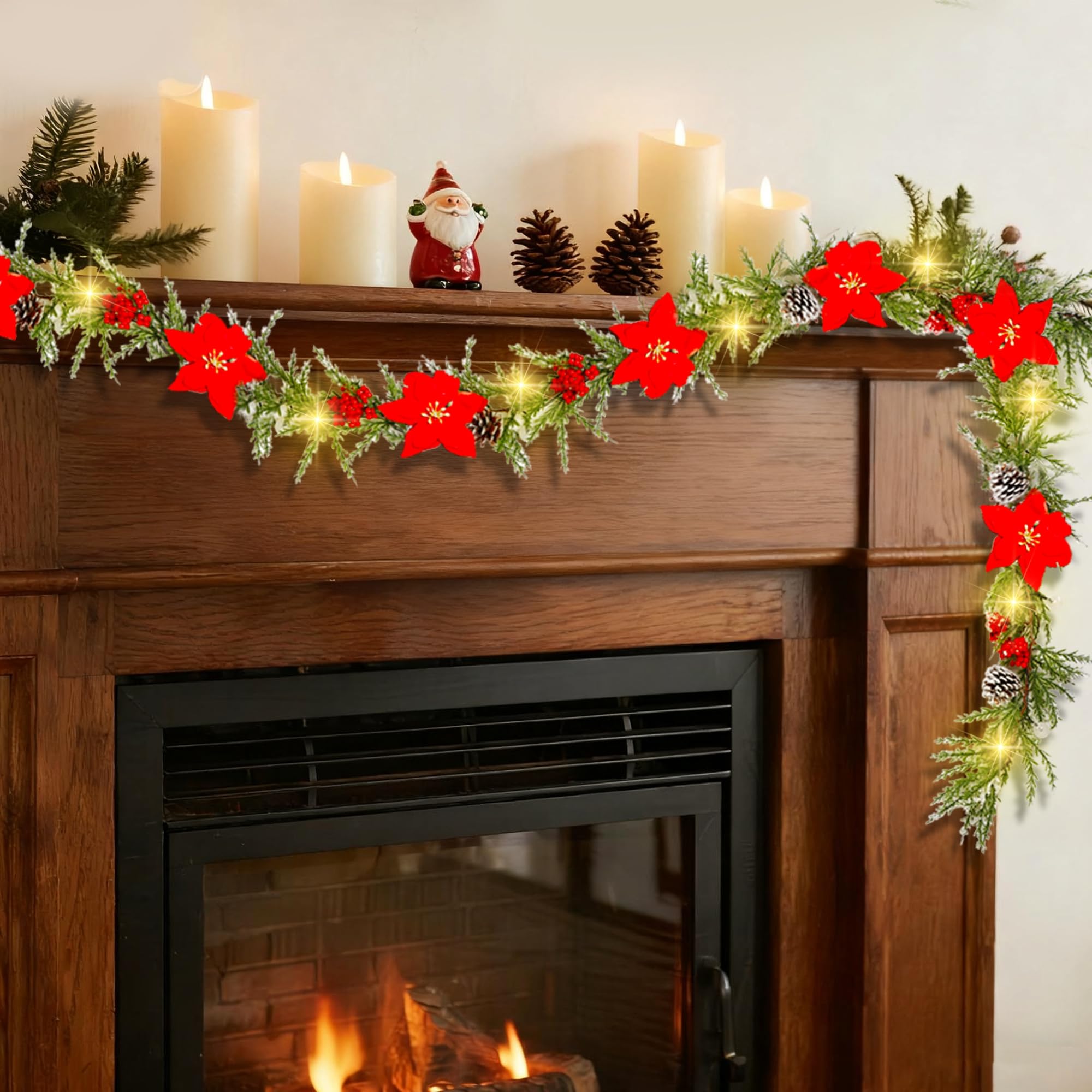 DR.DUDU Guirnalda de Navidad Artificial preiluminada de 6 pies con 20 Luces LED, Funciona con Pilas con Conos de Pino, Bayas Rojas, Agujas de Pino, Corona de Navidad iluminada para Fiestas de