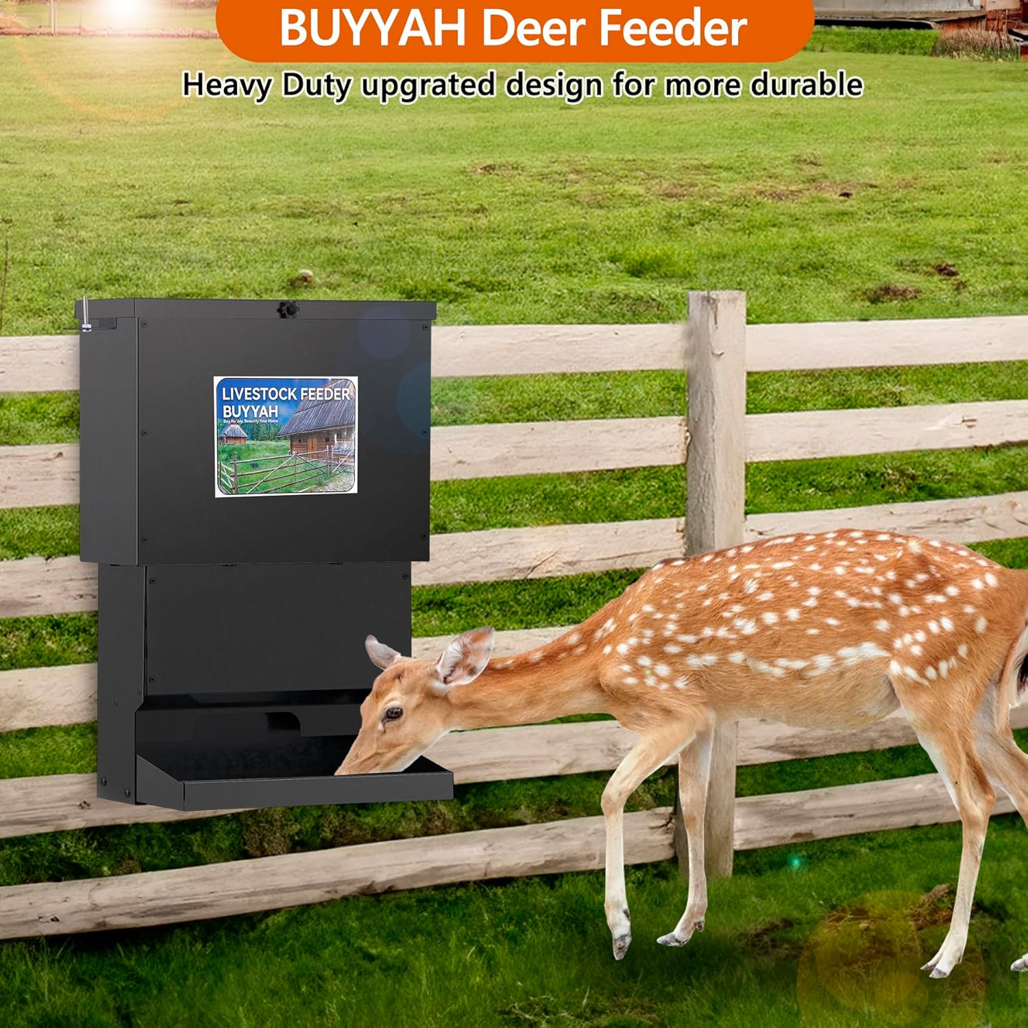 50lbs Deer Feeder, Heavy Duty Metal Tree Protein Feeder, Weatherproof Gravity Feeder Automatic Dispenser Feeds Protein & Corn for Deers and Wildlife