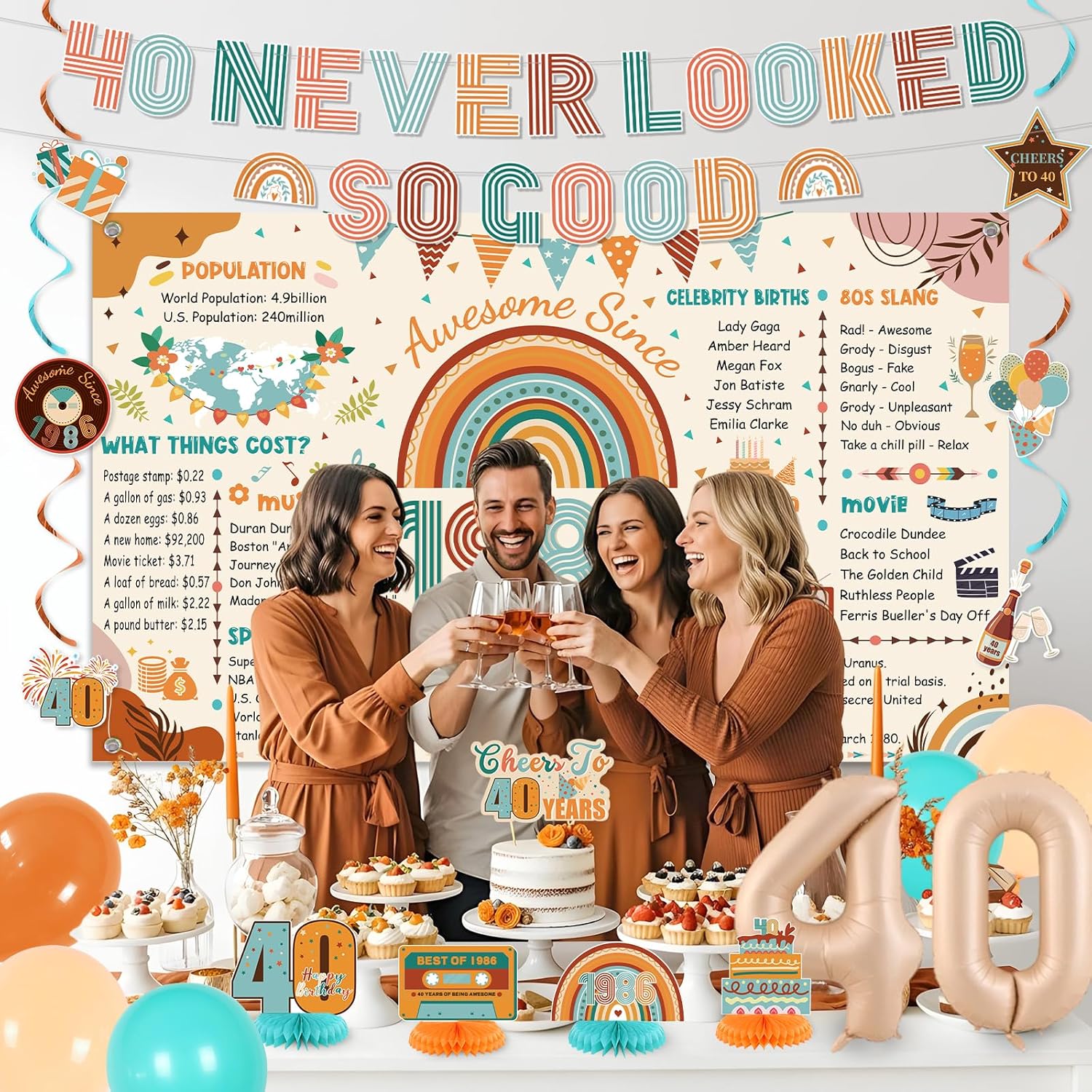 Roetyce 40th Birthday Decorations Women Men, Boho Back in 1986 Poster Happy 40th Birthday Banner Balloons Hanging Swirls Cake Topper, Beige Funny 40 Years Old Party Supplies Photo Backdrop Background