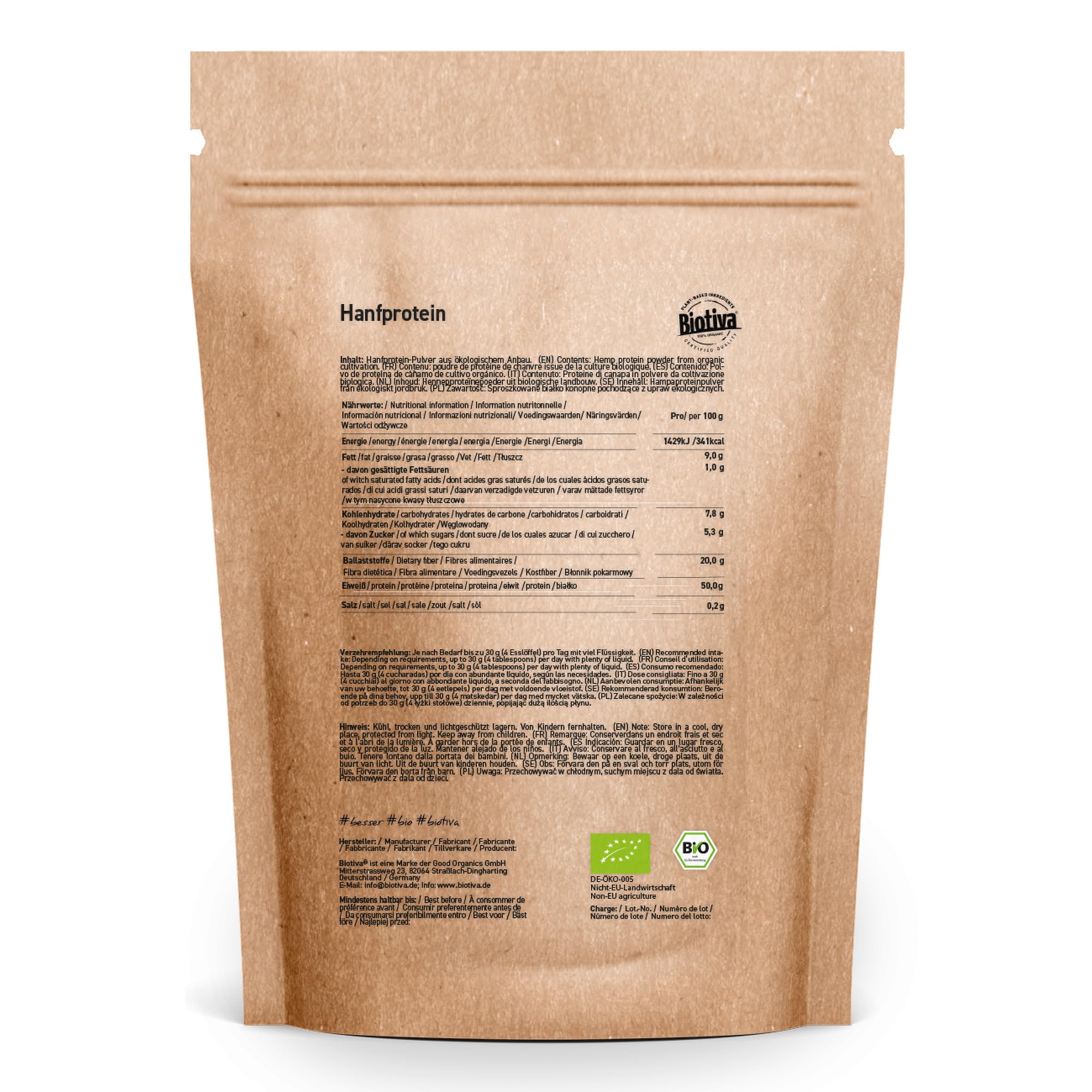 Proteine di canapa in polvere Bio | 1kg | massima qualità biologica | pacco vantaggioso da 1000g | dalla Baviera | confezionato e controllato in Germania | Biotiva