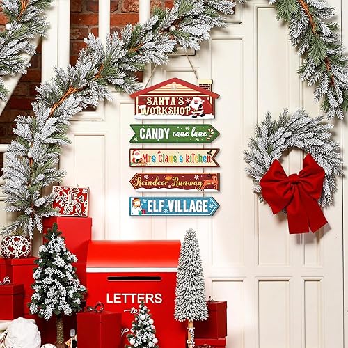Miniatura 4 de Celestdeco Letrero de taller de Papá Noel, con texto en inglés "Merry Christmas", decoración de puerta de Navidad, renos, aldea de alce, decoración