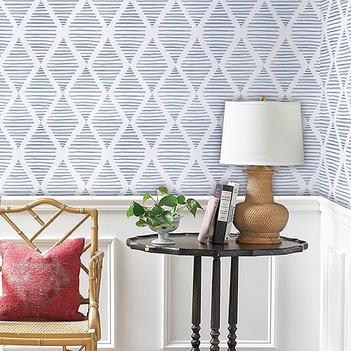Miniatura 2 de WENMER Papel tapiz geométrico para despegar y pegar, papel de contacto a rayas azules y blancas de 17.3 x 118 pies para baño y dormitorio