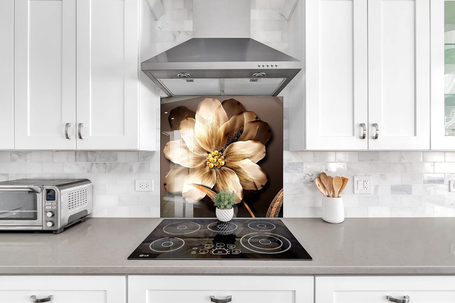 Myphotostation Bronze Flower Tempered Glass Backsplash 16x16'' Floral Splashback for Kitchen Decor Bathroom Wall Protector Stove Backsplash Panel Tile Glass Splashback