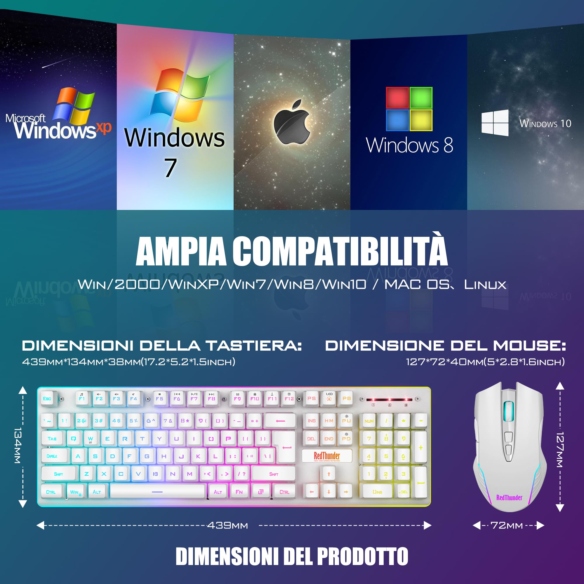 RedThunder K10 Set Tastiera e Mouse da Gioco Wireless, Retroilluminazione a LED, Batteria Ricaricabile da 3800 mAh, Sensazione Meccanica, Anti-ghosting+Mouse 7D 3200DPI, Layout IT, Giocatori PC-Bianco