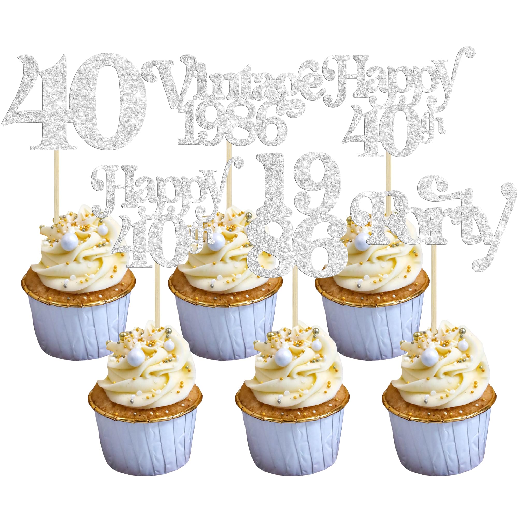 Gyufise 30Pcs 40th Birthday Cupcake Toppers Glitter Cheers to 40 Fabulous Forty Cupcake Picks Happy 40th Birthday Wedding Anniversary Party Cake Decorations Supplies Silver