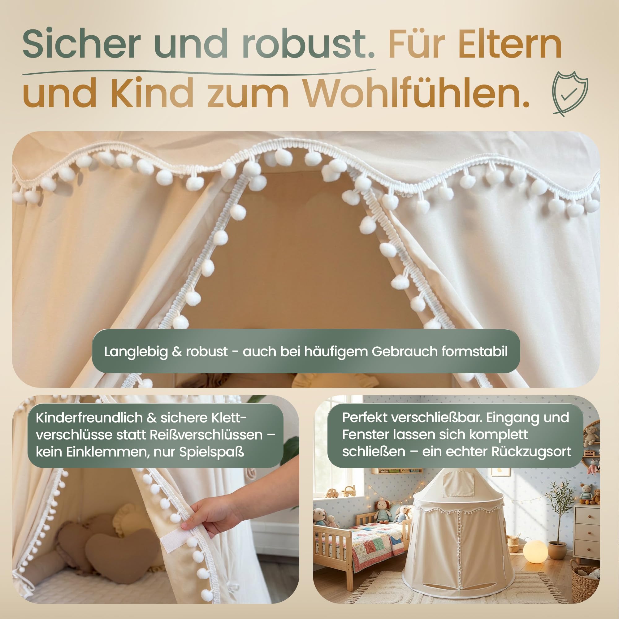 Spielzelt Kinder aus weichem Silky-Cotton in Warmbeige 110x110x130cm | Kinderzelt Indoor mit TripleAir-Effect, gemütlicher Bodenmatte & Tragetasche | stabile Kuschelhöhle fürs Kinderzimmer