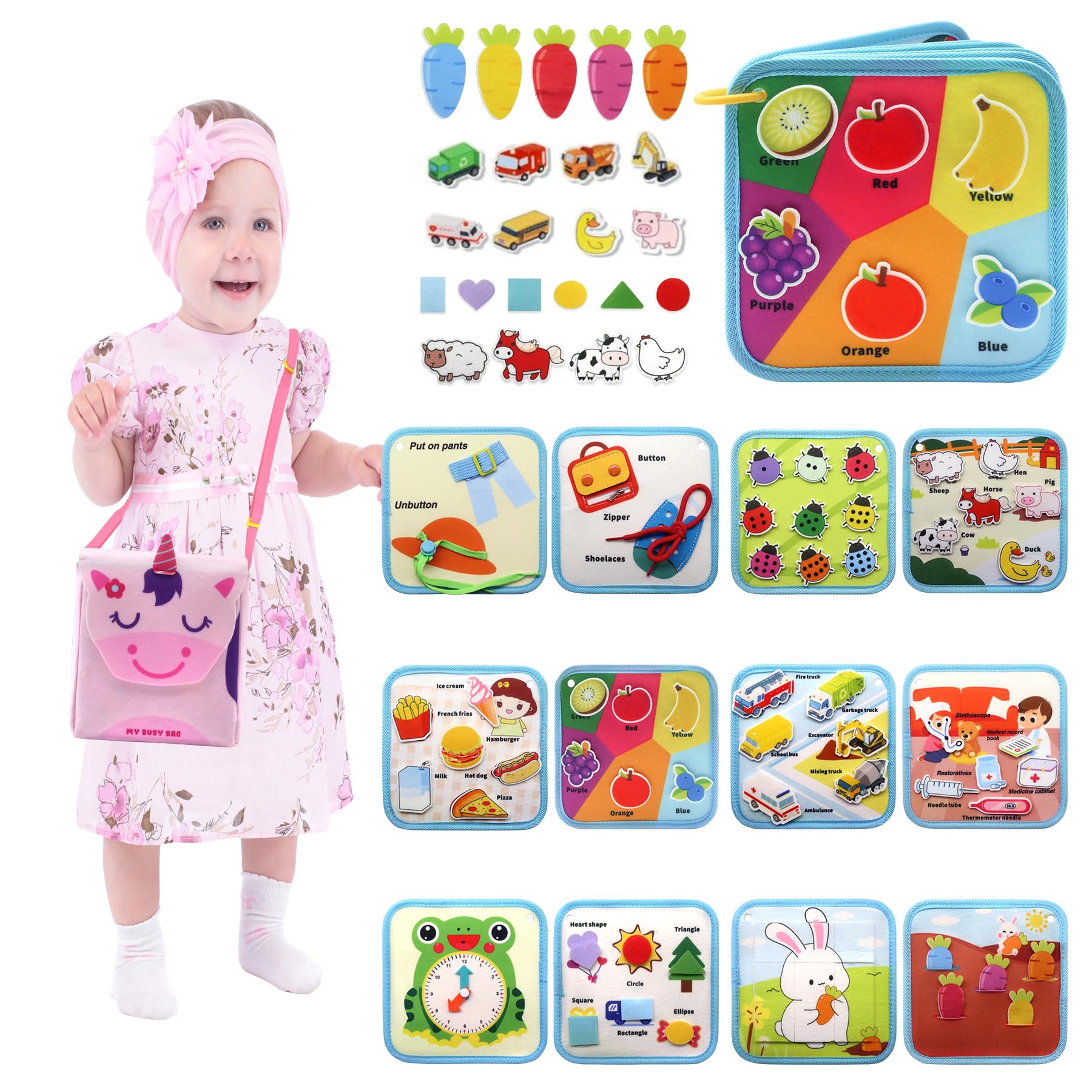 Busy Board Montessori 1 2 3 Anni, 12 in 1 Giochi Bambini Educativi Tabellone Attivitài 1 Anno, Feltro Quiet Book, Pannello Sensoriale Montessori Giocattoli Regalo, Libro Montessori Interattivo