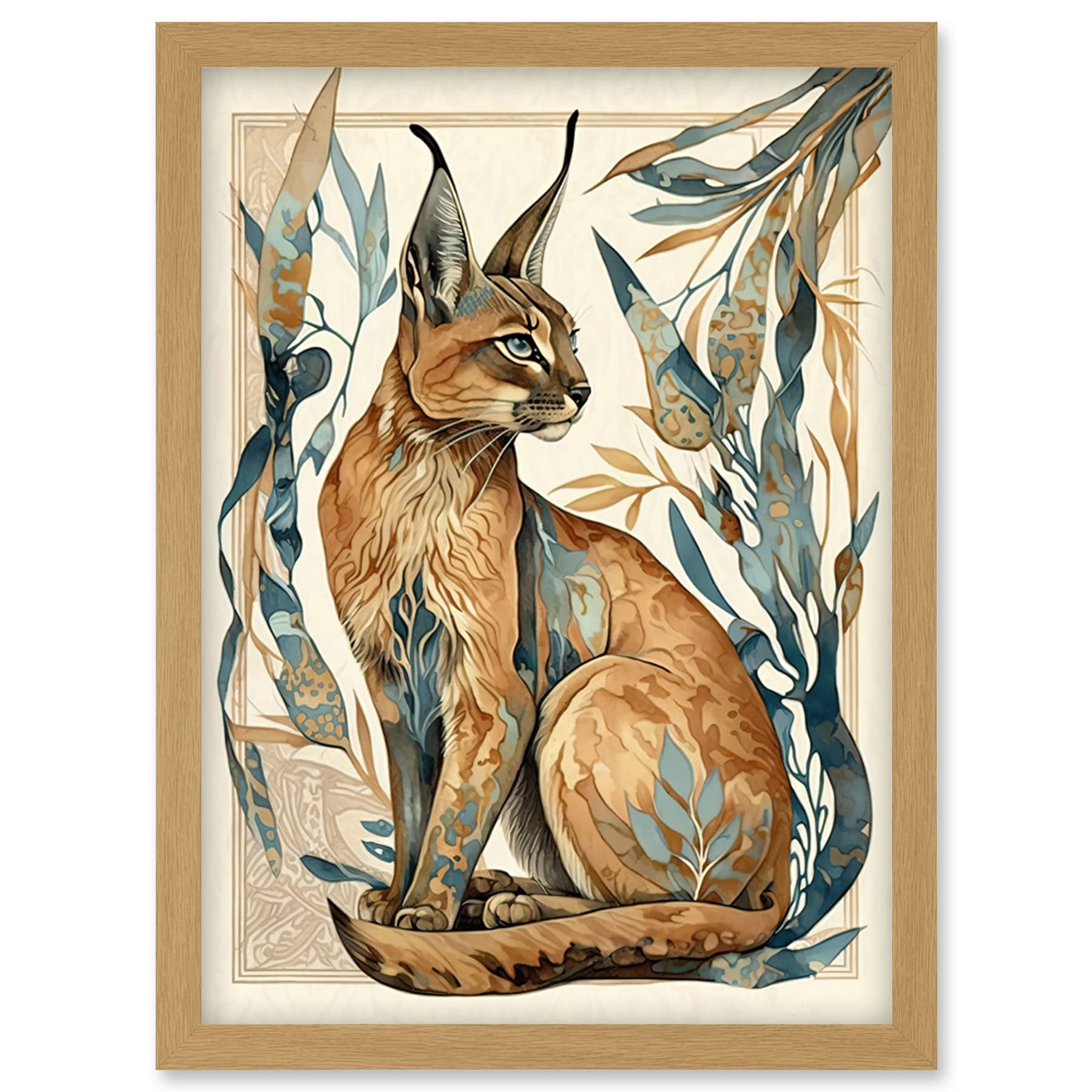 Artery8 Caracal Cat with Teal Plants Modern Art Nouveau Watercolour Illustration Artwork Framed Wall Art Print A4