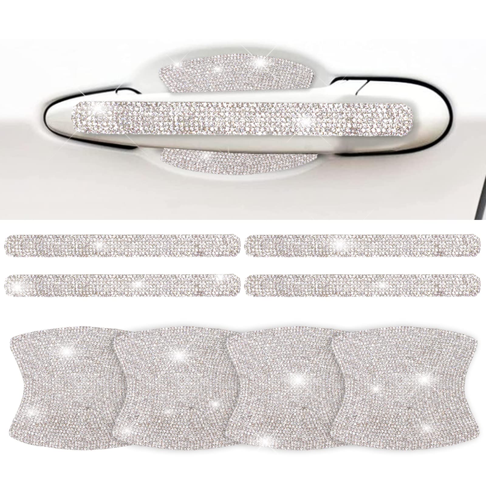 8PCS Bling Car Door Handle Protector Rhinestone Universal Saftey Scratch Car Handle Cover Reflective Trim Stickers Bling Car Door Handle Stickers Car Door Bowl Protection Woman & Man (Silver)