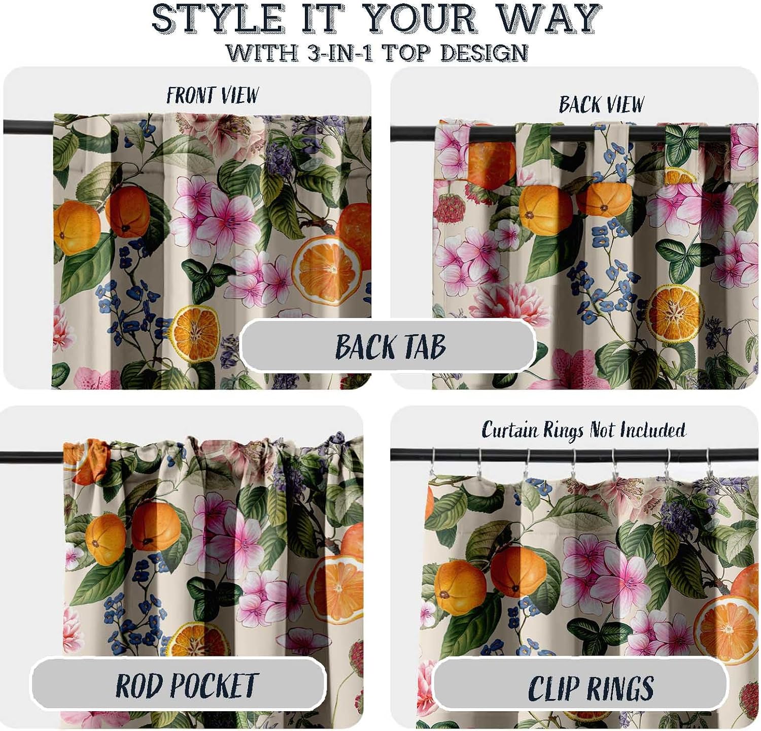 Cotton Curtains for Windows - 3-in-1 Rod Pocket/Back Tab Short Window Drapes - Light Filtering Cotton Canvas Panels - Set of 2, 52"x63" - Fruits Print (Beige)