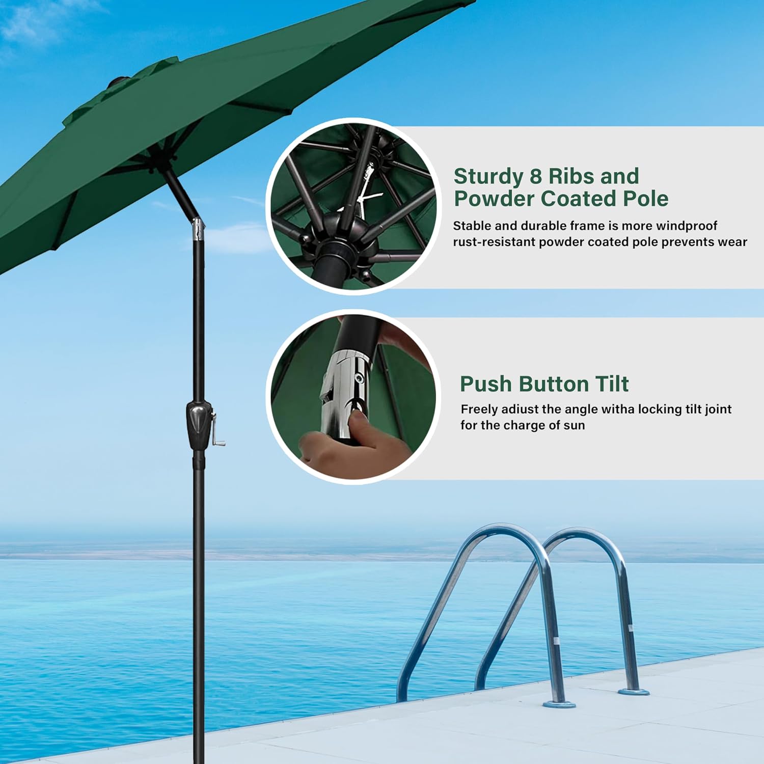 HealSmart 9ft Patio Umbrella with Push Button Tilt/Crank, Outdoor Table Market Yard Umbrella with 8 Sturdy Ribs for Garden, Backyard, Deck, Pool, Green