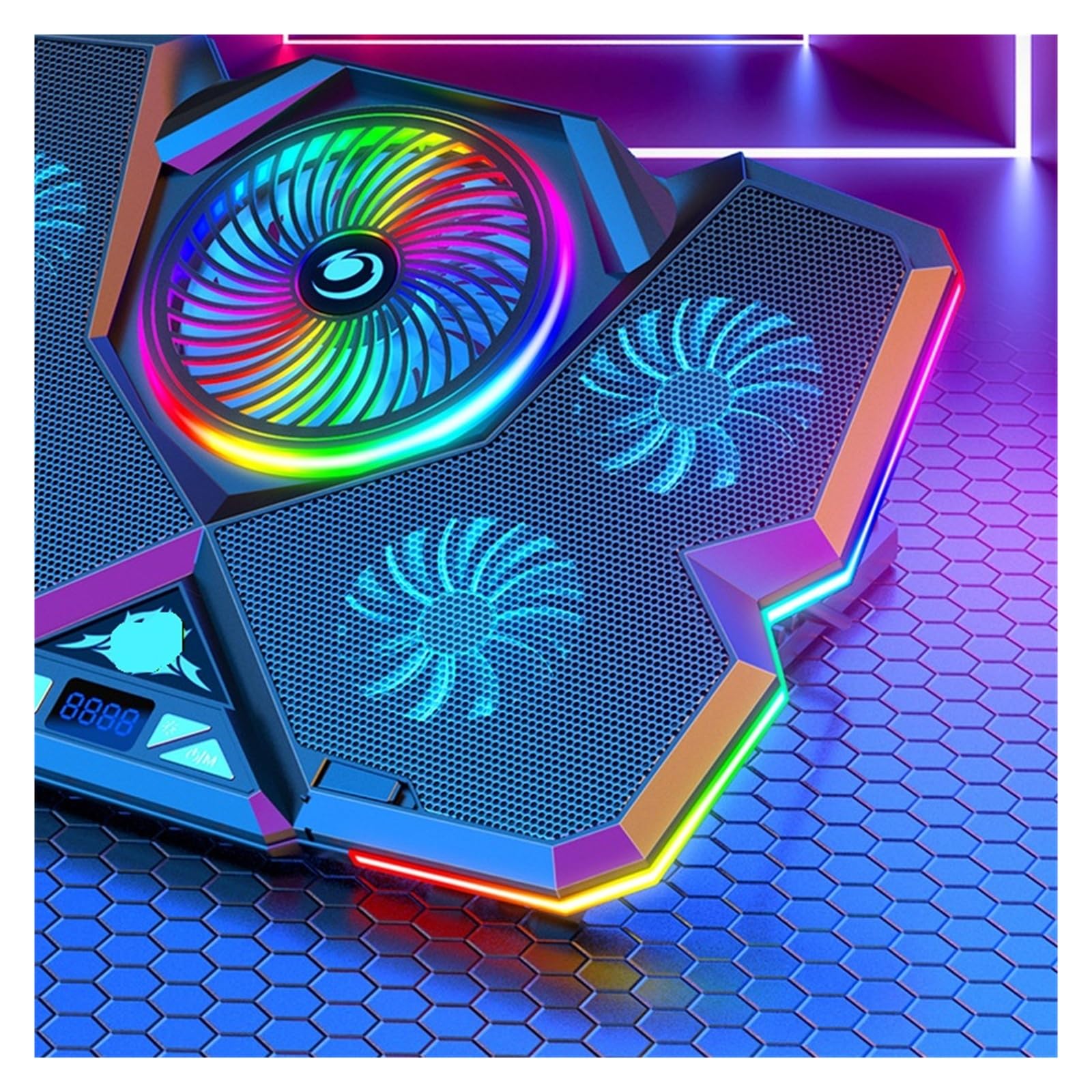 Coolcold-Enfriador de portátil RGB for Videojuegos, Soporte ergonómico, Cinco Ventiladores, 2 Puertos USB con Pantalla HD for 14-17 Pulgadas, 2022