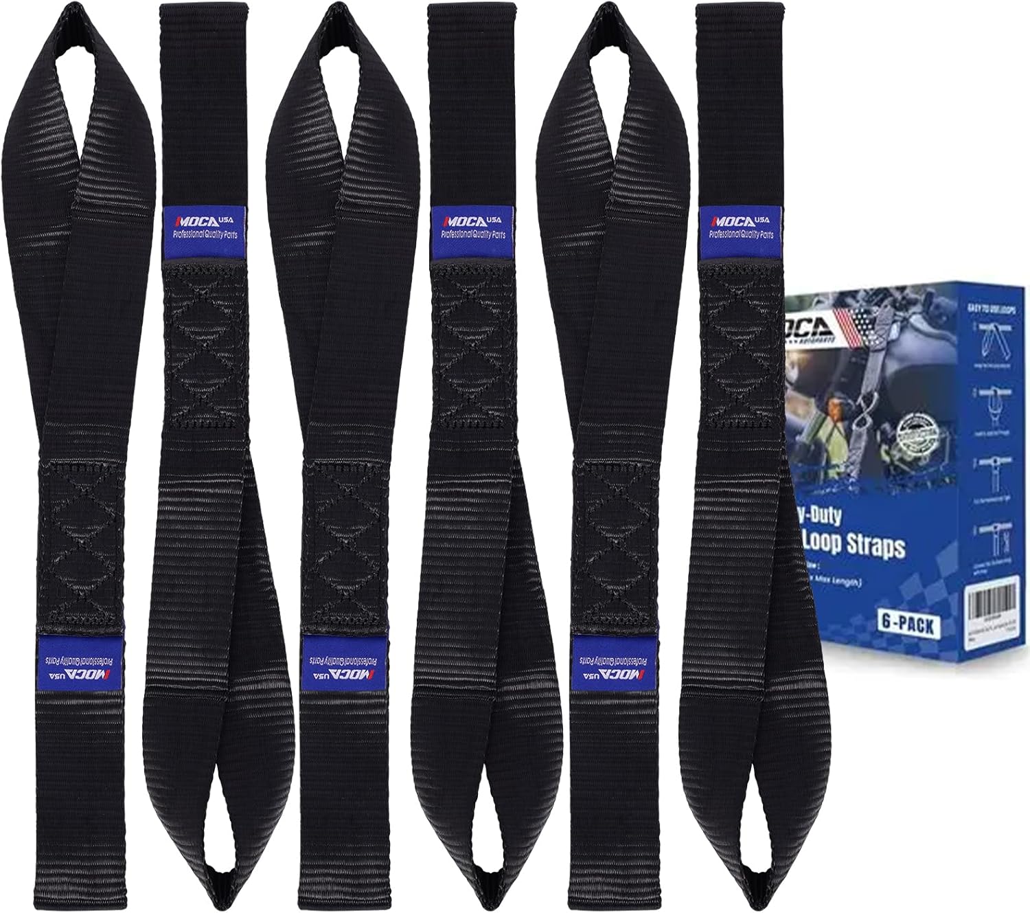 MOCA 6-Pack Soft Loop Tie Down Straps 12000 Lbs Breaking Strength 1.6 x 17 inches, Heavy Duty Tie Down Loops for Secure Trailering of Kayak, Motorcycles, ATV, UTV (6 Pieces, Black)