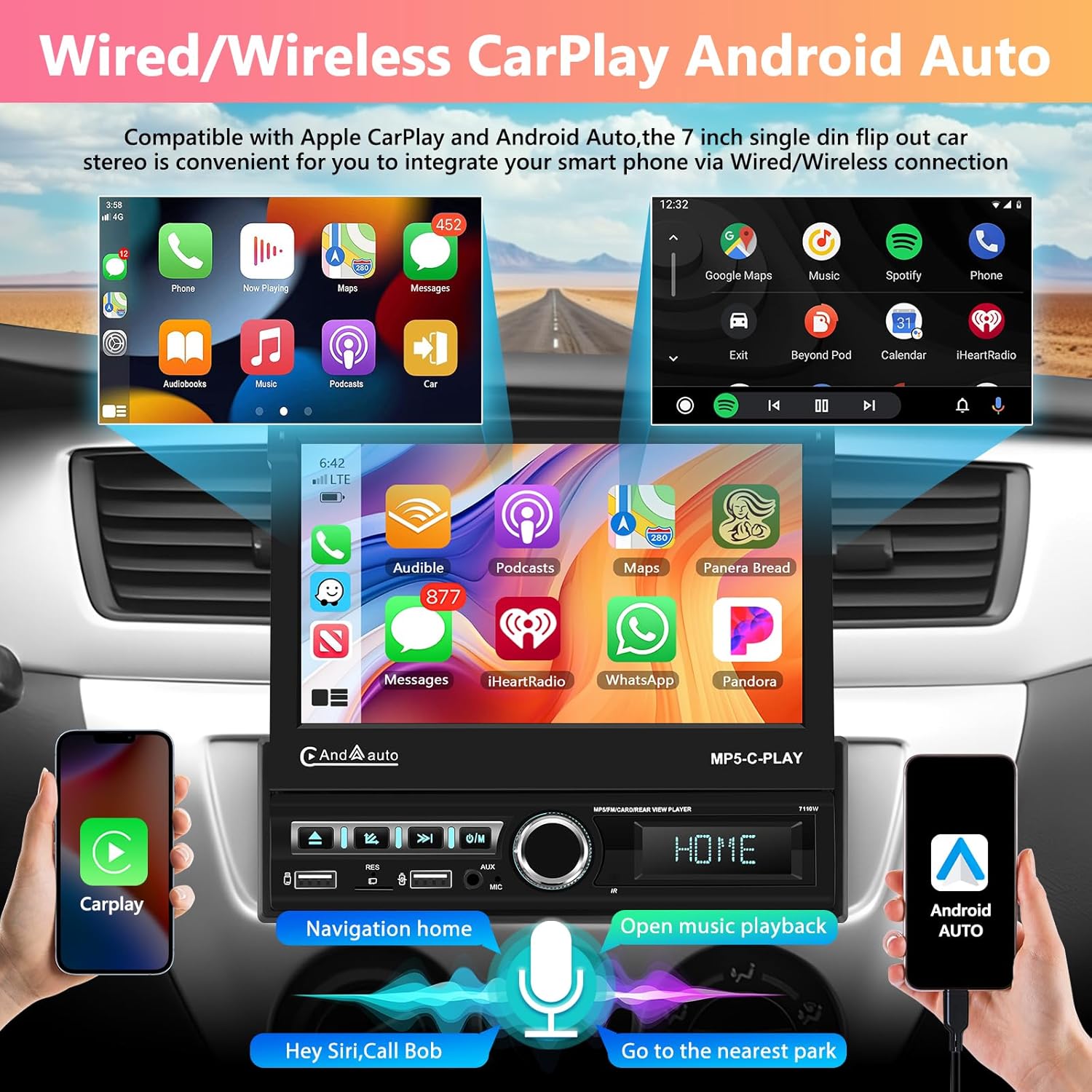 The car MP5 player displaying Wireless CarPlay and Android Auto interfaces, showing various app icons like Phone, Maps, Messages, Music, and Spotify. A smartphone is shown connected to Carplay and another to Android Auto.