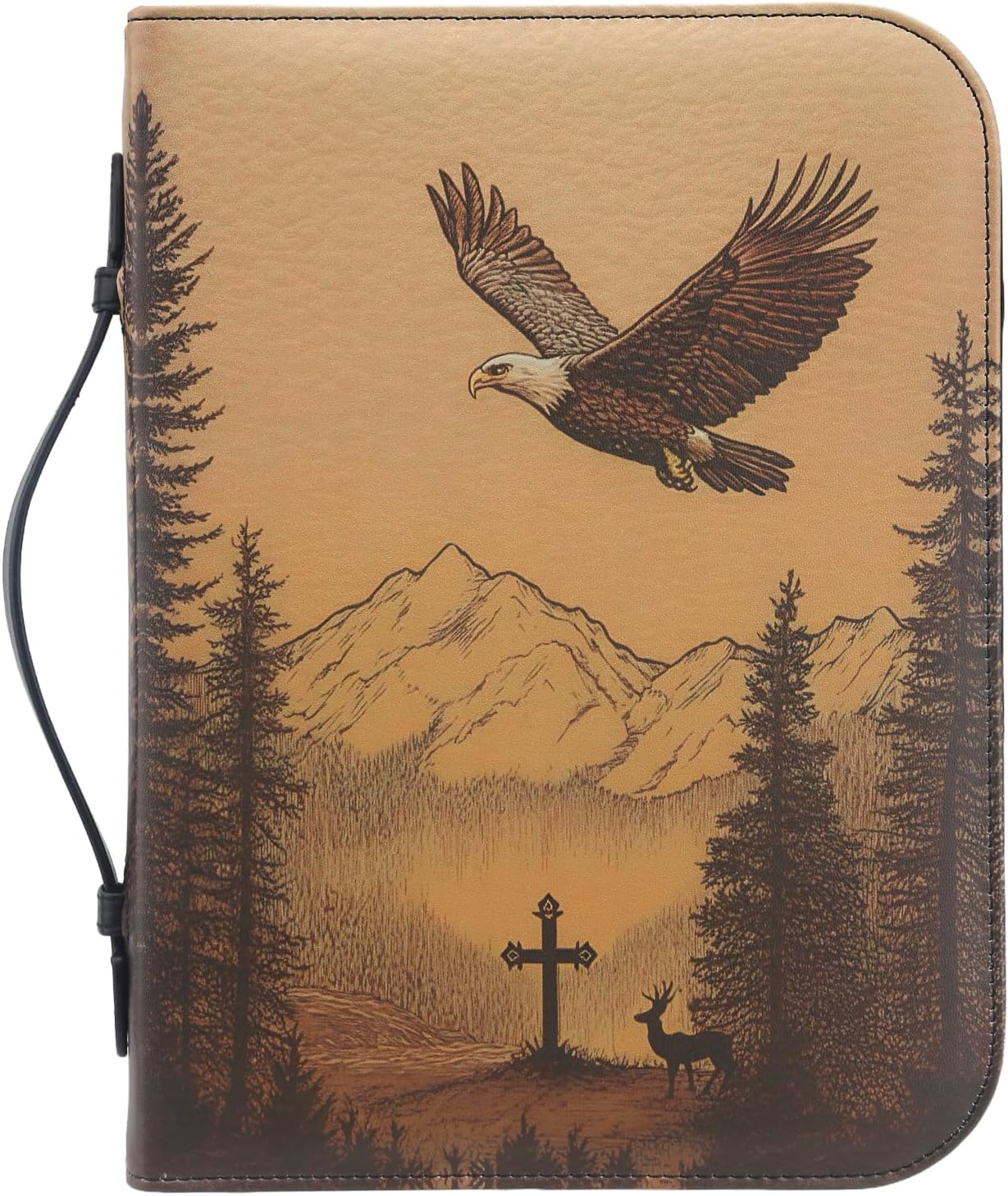 Bible Cover for Men, Bible Carrying Book Case, Protective Bible Organizer Holder Bag with Handle and Zippered Pocket, Christian Gift for Boy (Bald Eagle Cross & Deer, XXL)