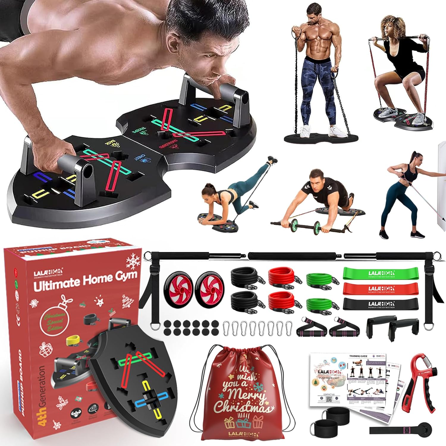 LALAHIGH Ultimate Home Workout Equiptment【Limited Christmas Edition】- Upgraded Portable Home Gym with 65 Gym Accessories: Push up Board, Pilate Bar Ab Roller Wheel, and Resistance Bands – Christmas
