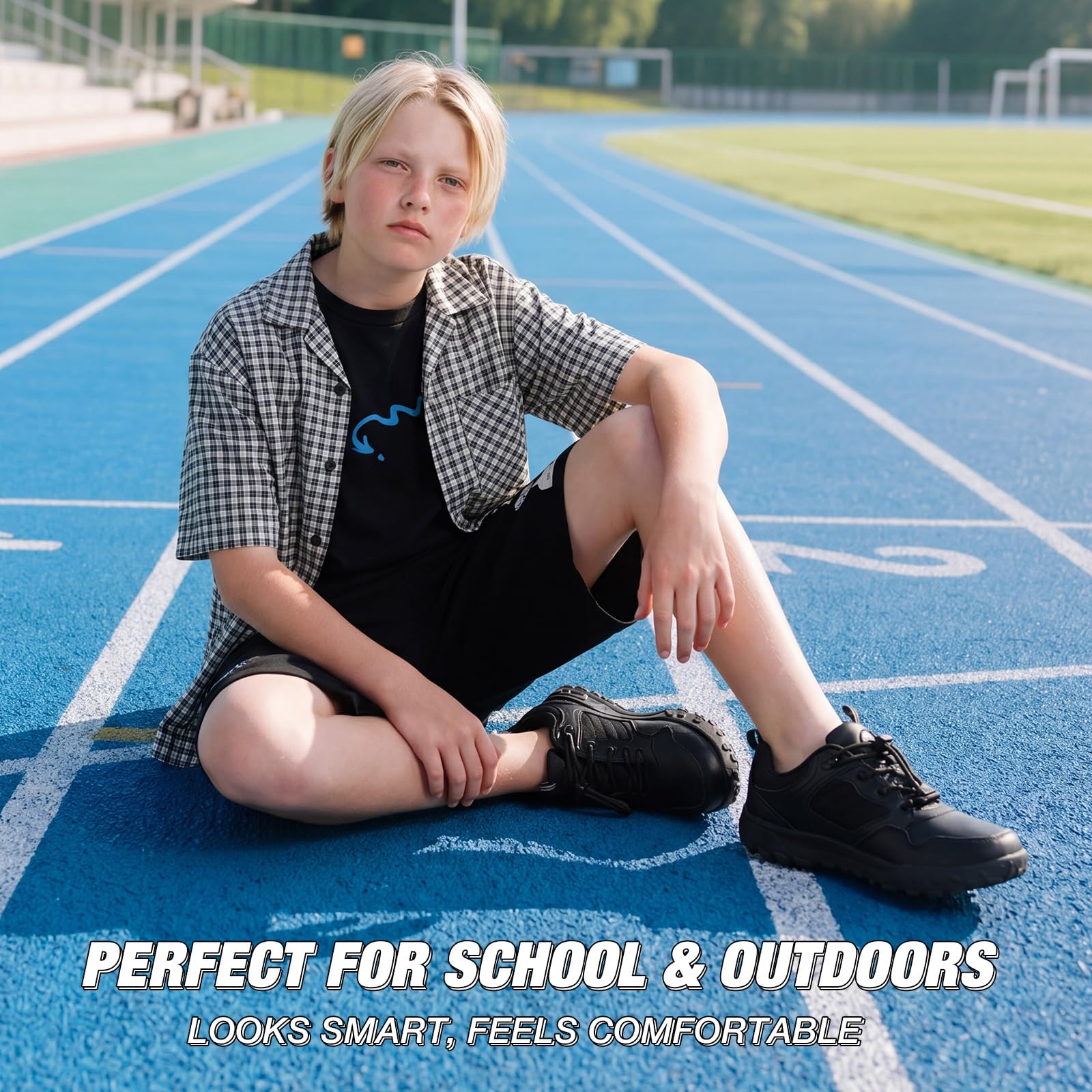 UOVO Zapatos escolares de cuero negro para niños, zapatillas para caminar al aire libre con parte superior repelente al agua, suela de goma antideslizante, cordones fáciles de tocar, talla 34-43