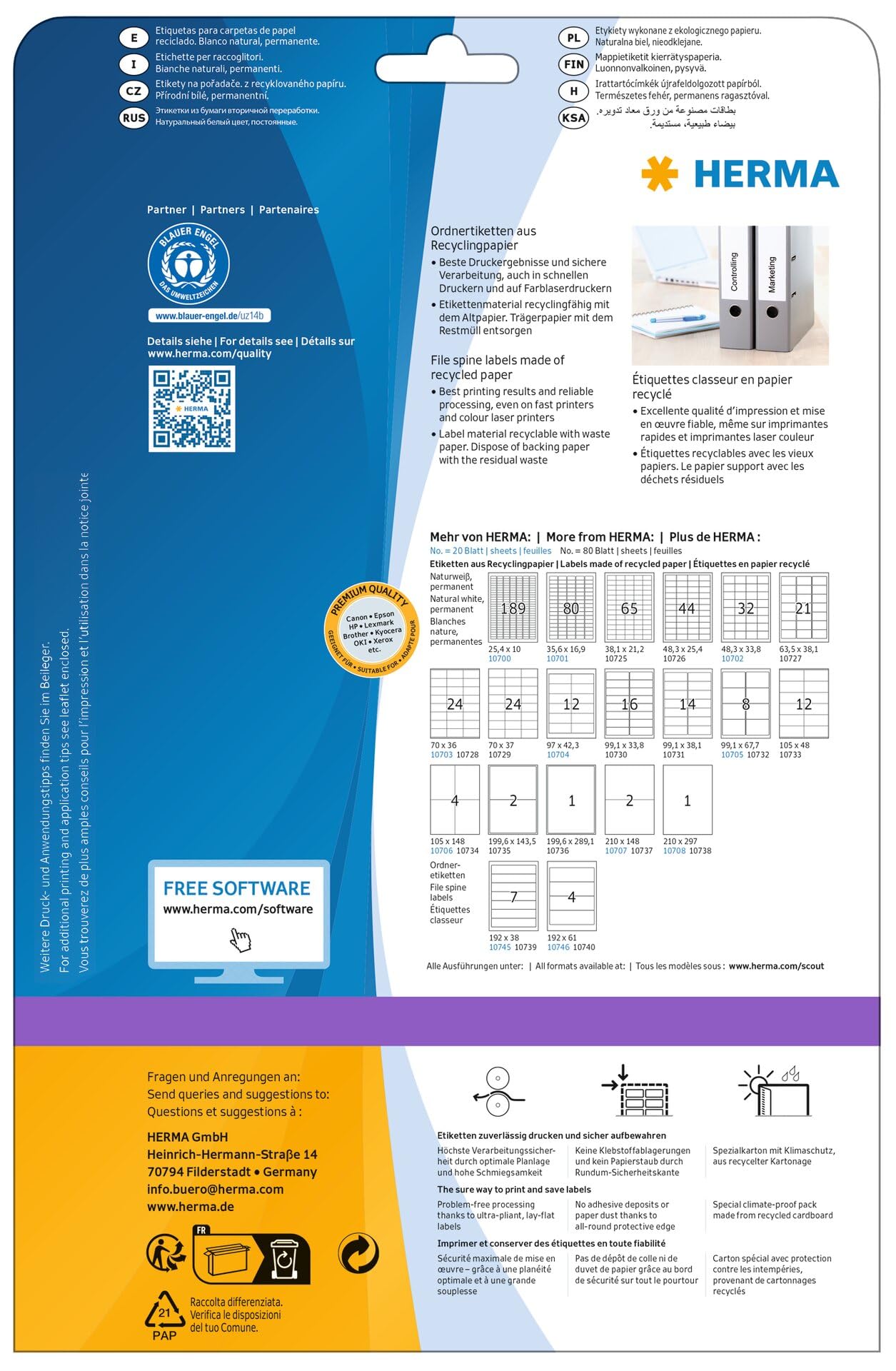 HERMA 10746 Recycling Ordnerrücken Etiketten kurz breit, 640 Blatt, 192 x 61 mm, 4 pro A4 Bogen, 2560 Stück, selbstklebend, bedruckbar, blickdicht, Ordneretiketten Rückenschilder Aufkleber, natur-weiß