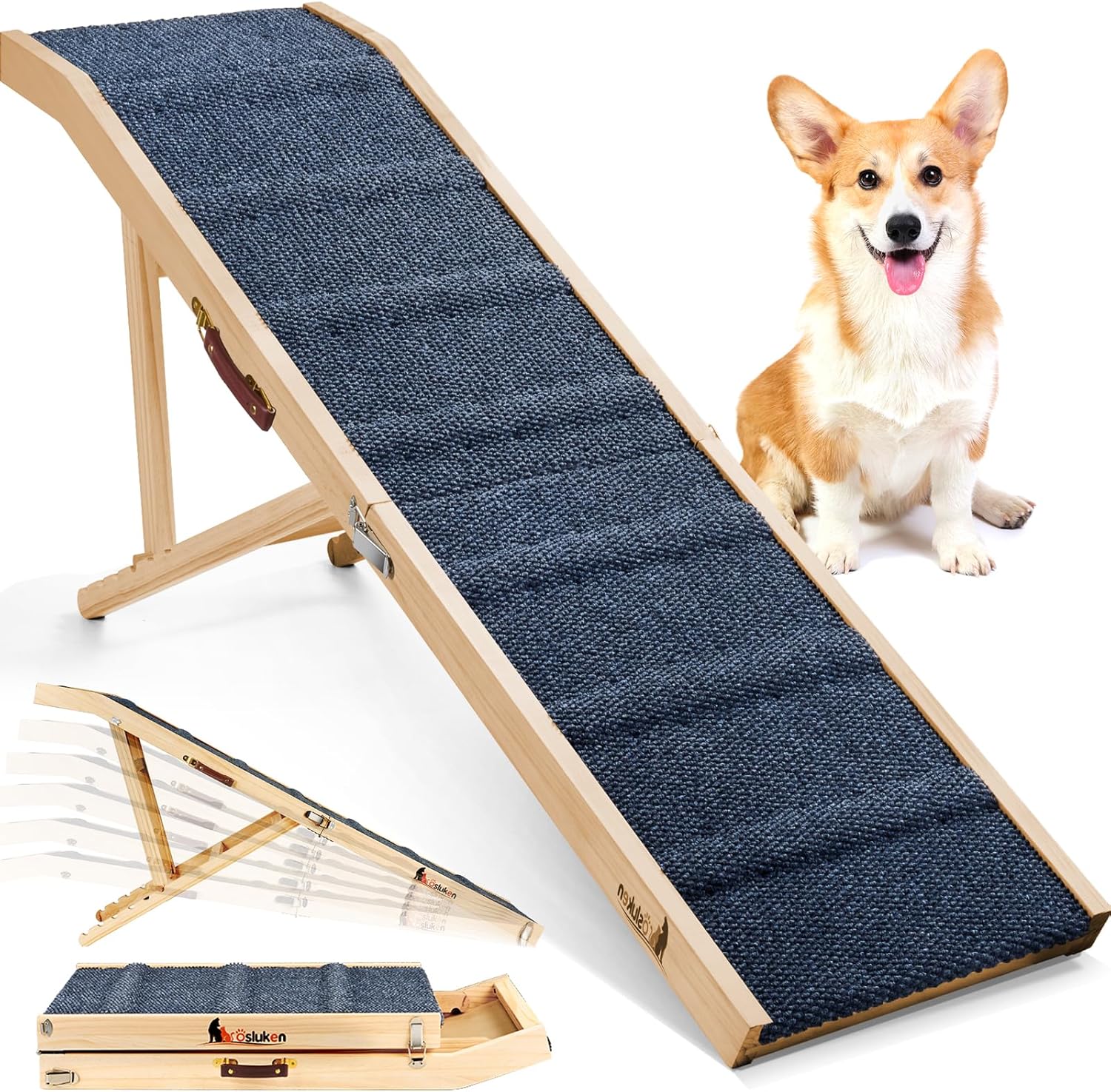 Dog Ramp for Bed, L64 W17 Foldable Pet Ramp for Small Large Dogs Cats, Dog Ramps for High Beds Car, High Traction with Platform 6 Adjustable Heights 24" to 30" Up to 220LBS, Wood Wood 64"X 17"