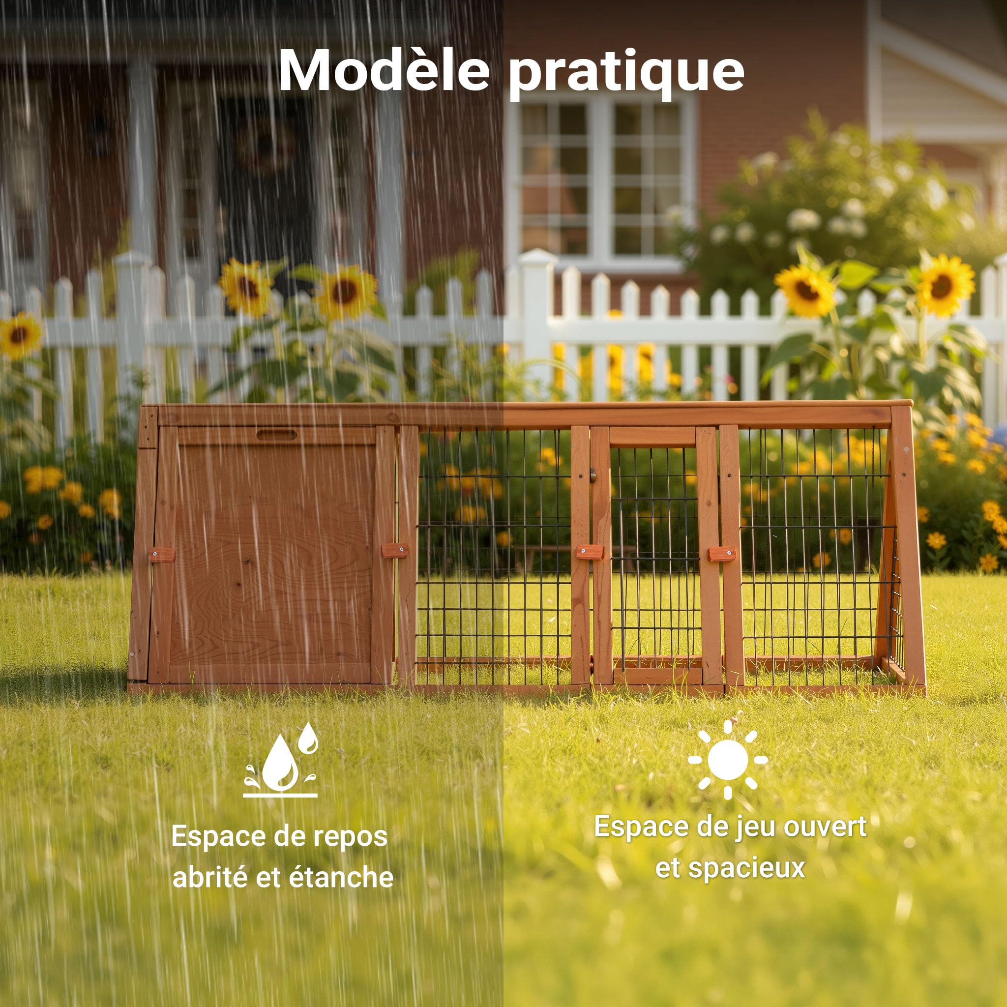 Wiltec Clapier Triangulaire – 1180 x 500 x 450 mm – Bois épicéa – avec 2 Portes, Enclos et Refuge – Abri Cage pour rongeurs Lapinière Nichoir Espace Libre pour Petits Animaux
