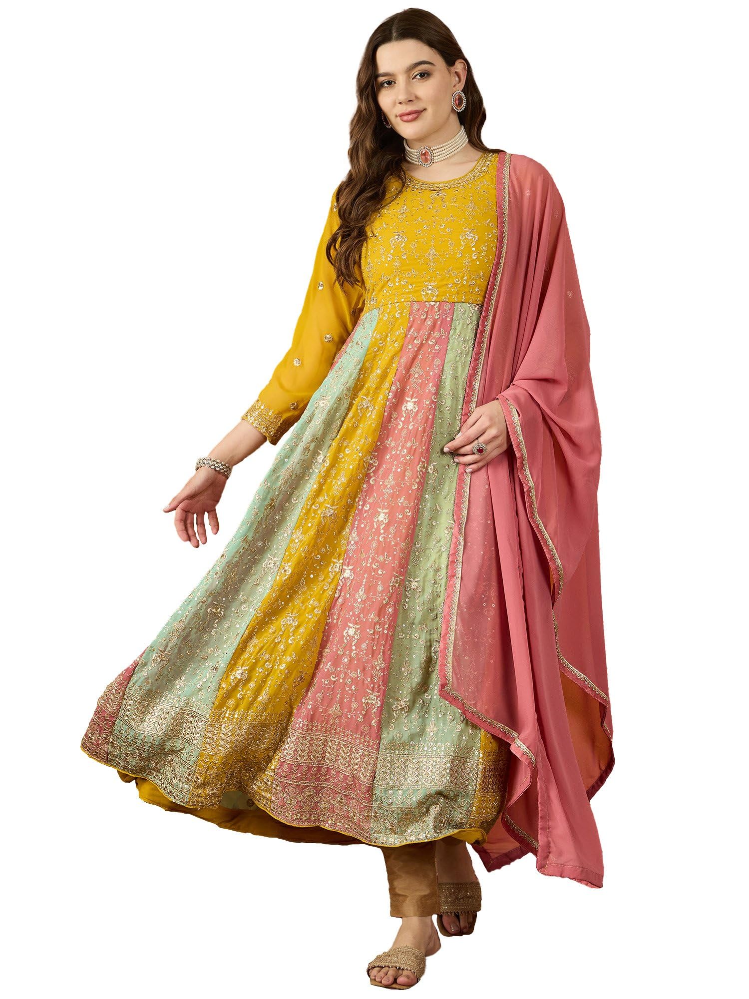 shampysky Women's Yellow Faux Georgette Stitched Top with Dupatta Full Sleeve Embroidered Anarkali Gown (SSY-1183-Yellow)-picture-54
