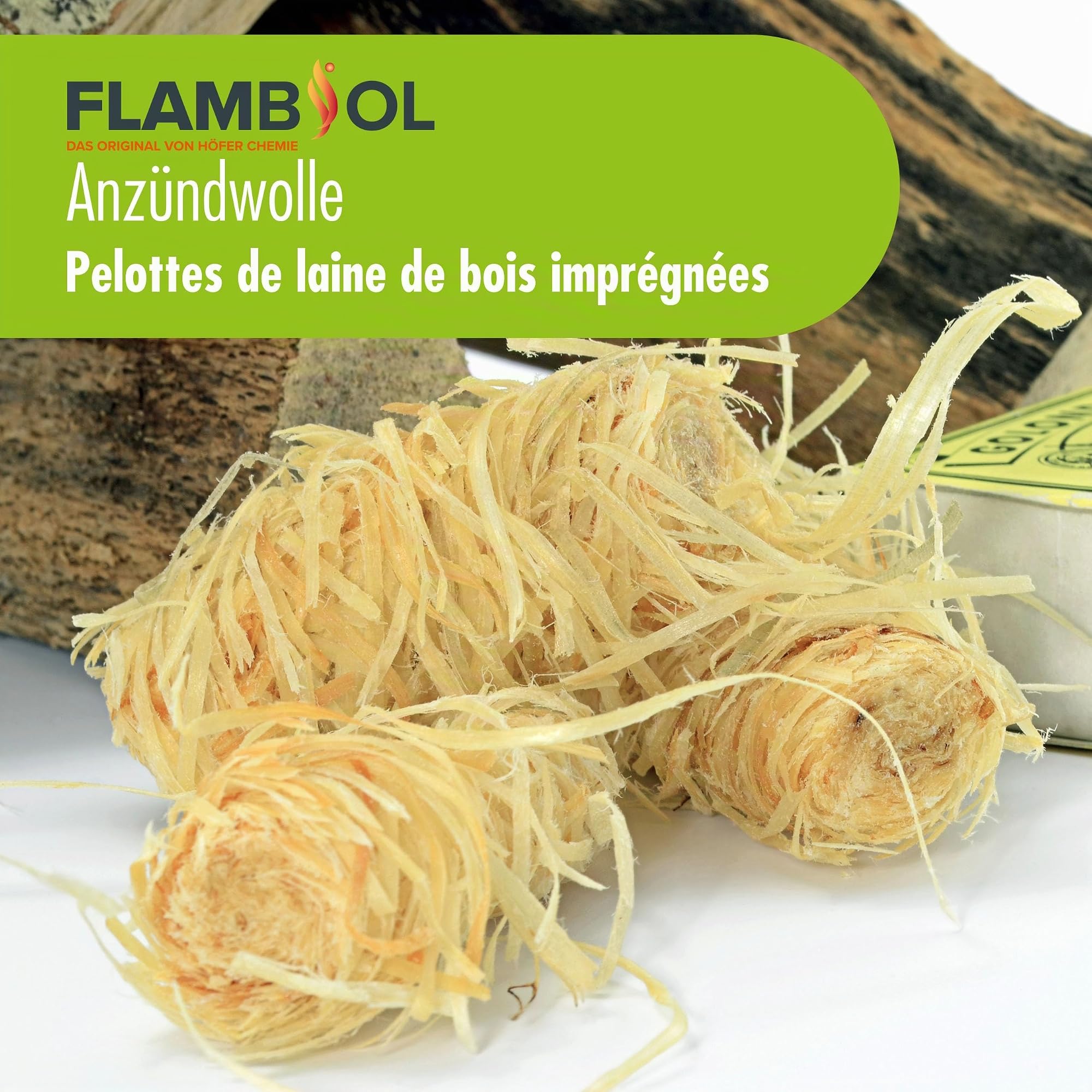 FLAMBIOL Anzündwolle – 800 Stück – formaldehydfrei & nässeunempfindlich | wachsgetränkte Naturholzwolle für Kamin, Ofen & Grill – saubere, rückstandsarme Brenndauer 8-10 Min.
