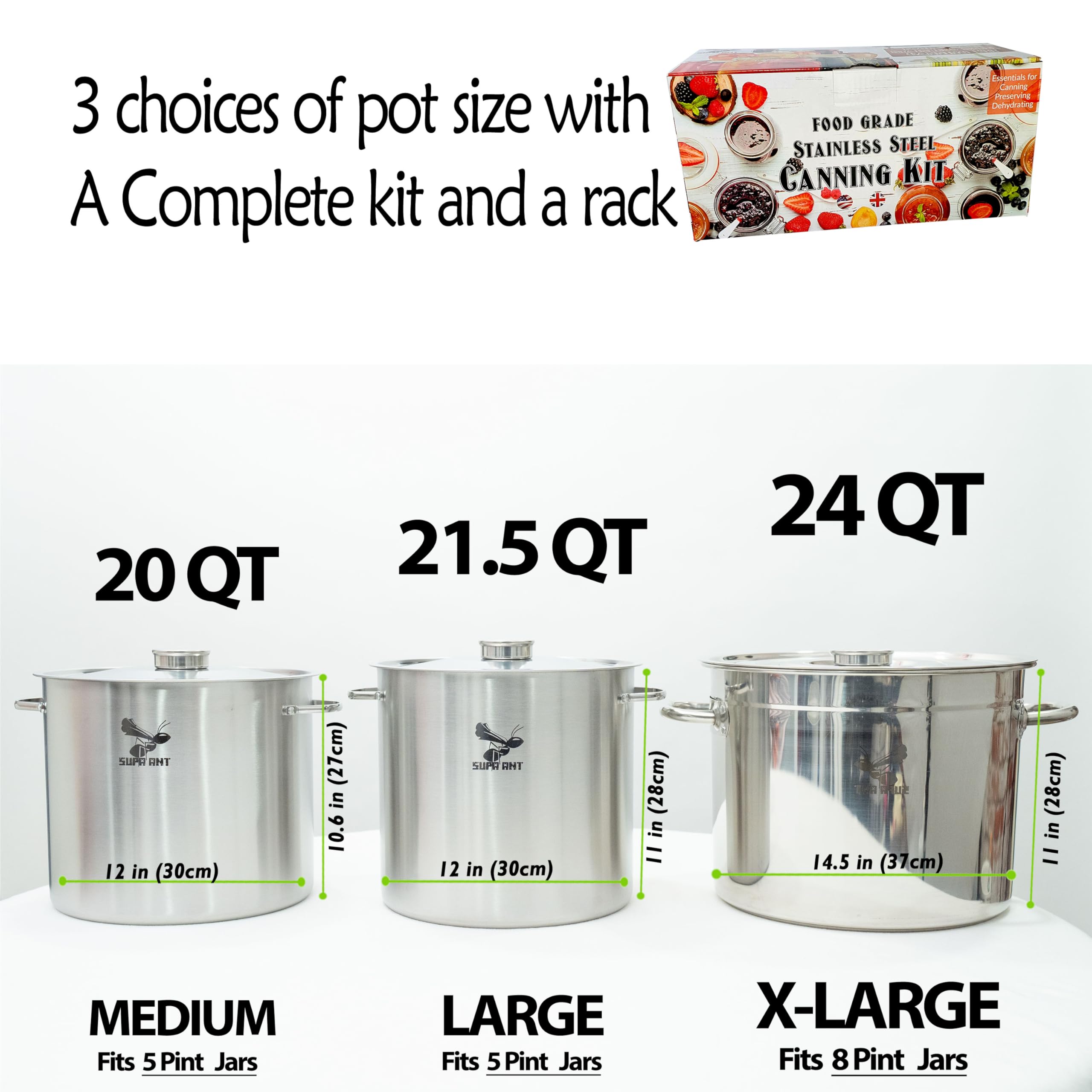 Supa Ant 24 Qt. Stainless Steel Water Bath Canning Pot with Canning Supplies Starter Kit - Canning Rack,Food Grade Canning Ladle, Measuring Cups,Funnel,Tongs,Jar Lifter & Wrench,Lid Lifter, 90x Labels