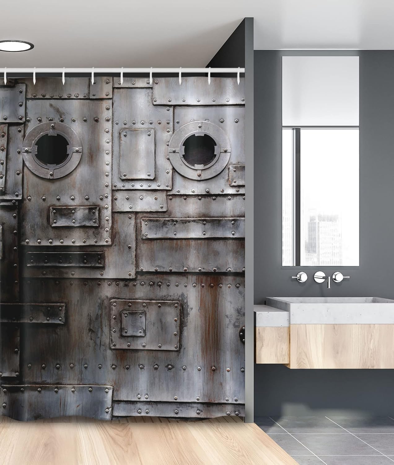 Ambesonne Industrial Stall Shower Curtain, Rusty Iron Porthole Grunge Scratched Steel Factory Entrance Retro Image, Fabric Bathroom Decor Set with Hooks, 54" W x 78" L, Dark Taupe