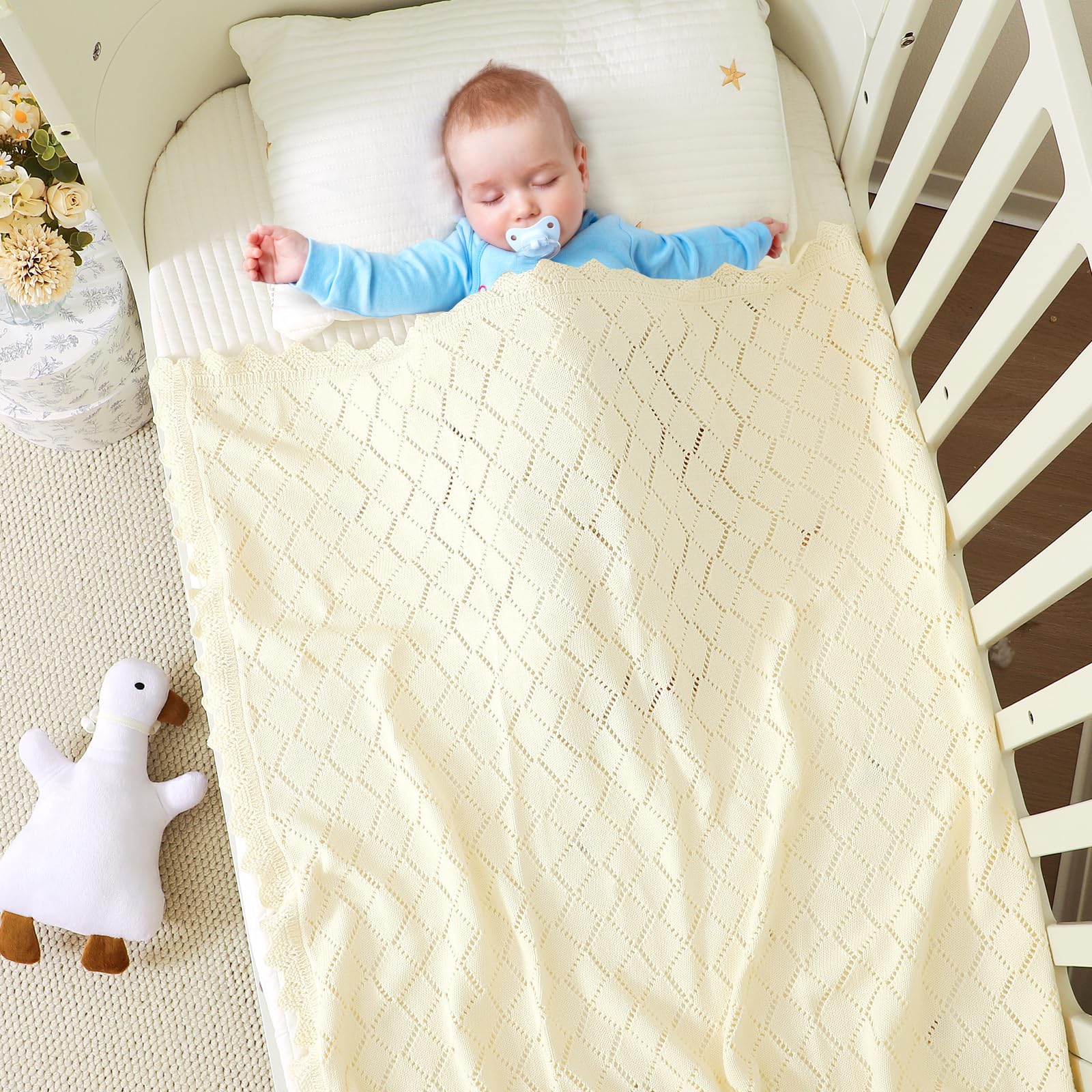 mimixiong Cotton Cellular Baby Blanket Soft Lace Cozy Baby Blankets for Newborn Boys Girls (Ivory) - Image 4