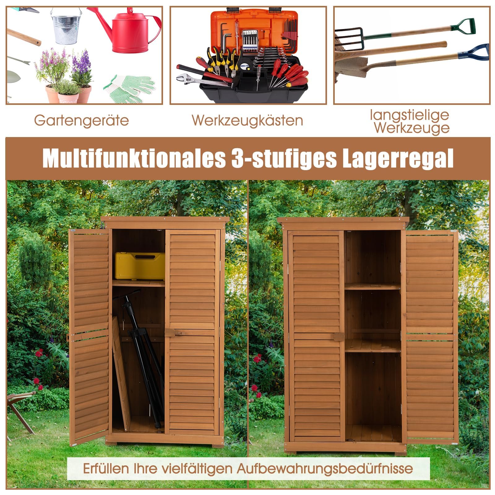 RELAX4LIFE Gartenhaus, Geräteschuppen Holz, Gerätehaus Wetterfest, Gartenschrank mit 3 Ausnehmbaren Regalen & Holzriegel, Holzschuppen mit Asphalt Satteldach, 87 x 47 x 160 cm