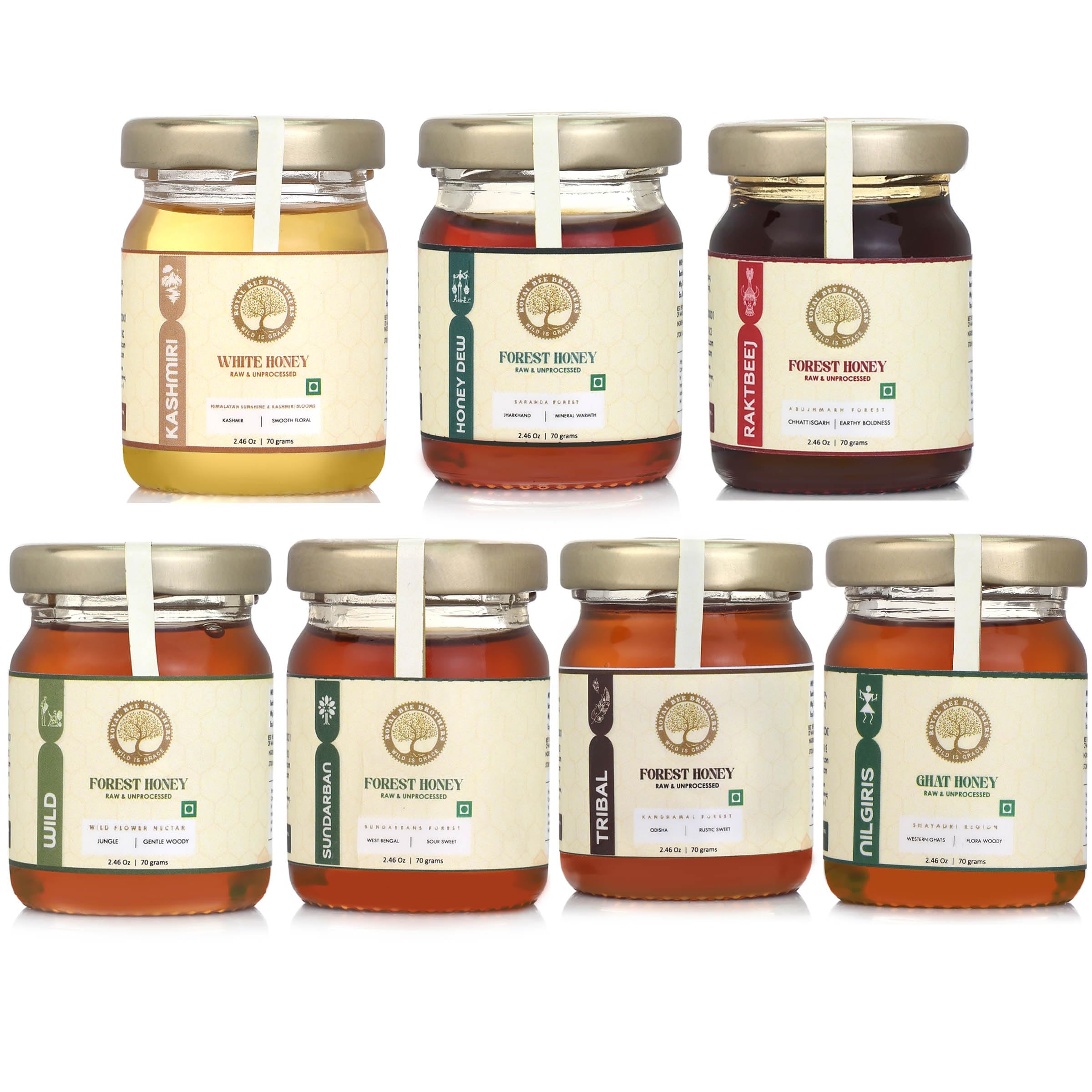 Essence of Seven Sisters | Collection of 7 types of Rare & Natural Forest Honey | Produce of Wild Honey Bee | Nectar of Wild Flora | Raw Unprocessed Honey | 490g (70 gm * 7 bottle)