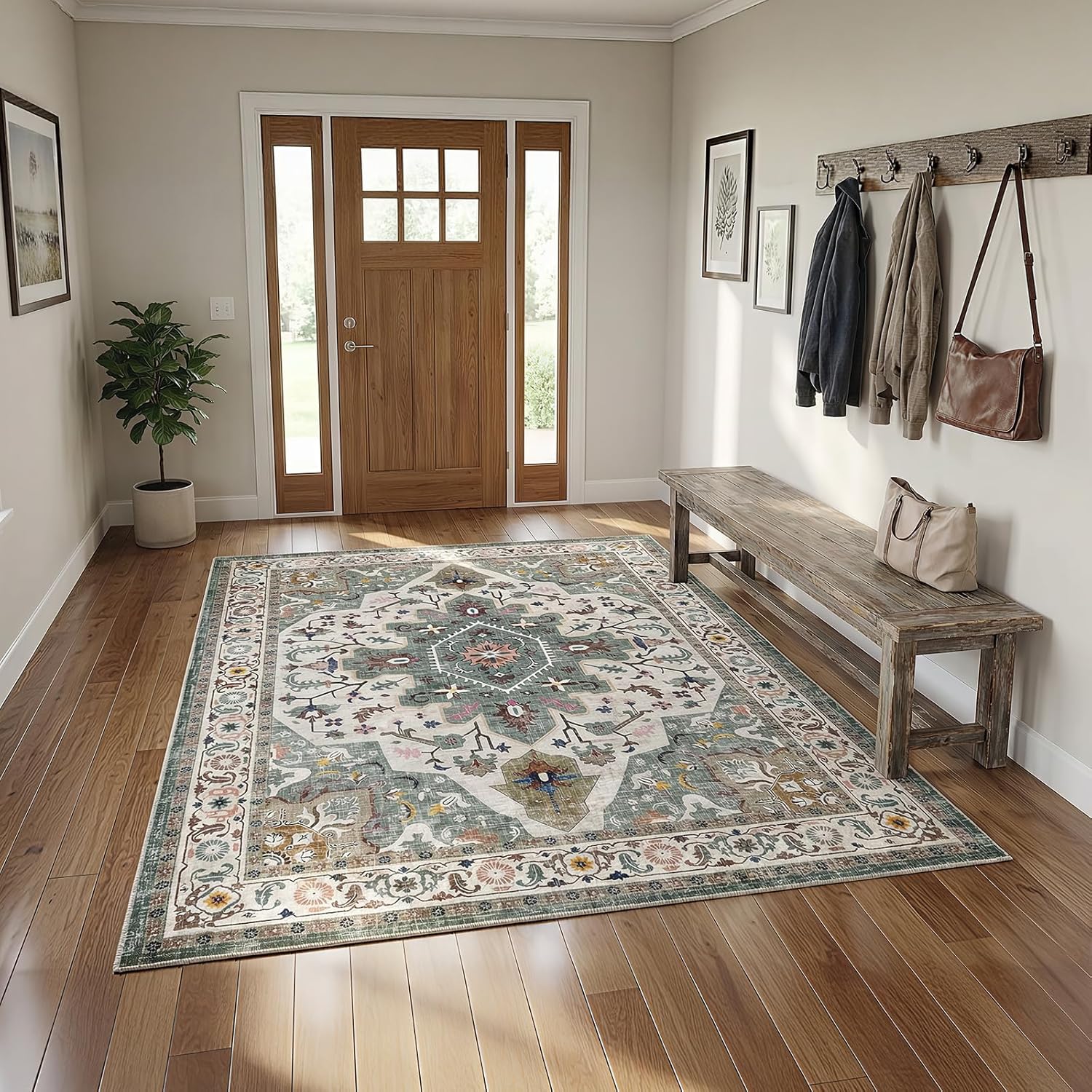 HOOBRO Luggage Rack and Area Rugs Bundle, Metal Foldable Suitcase Stand for Guest Room, 5 x 7 ft Washable Vintage Runner Rug, BK02XL01-GN03AR01