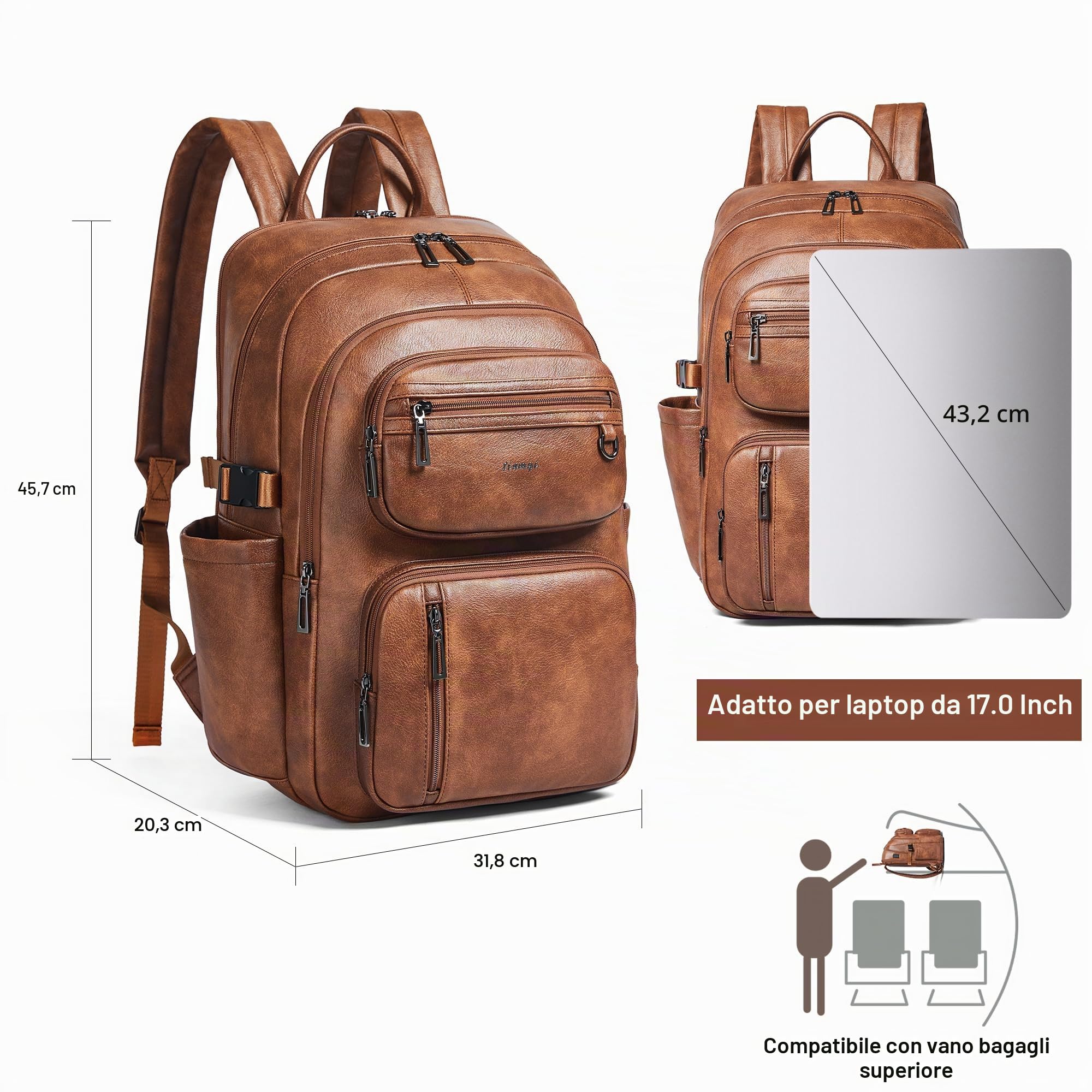 TSA - Zaino da viaggio in pelle vegana, per uomo e donna, adatto per laptop da 17", con cinghia per bagagli, colore: marrone