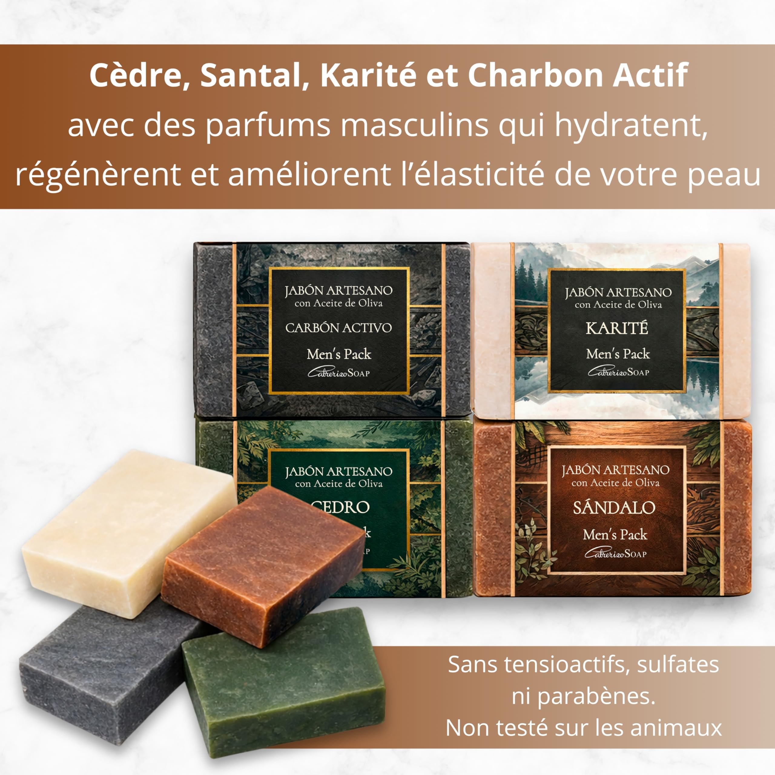 Savons artisanaux avec parfum homme – Savon solide 4x125 g – Idee cadeau homme original pour anniversaire et occasions spéciales, idéal pour la routine quotidienne visage