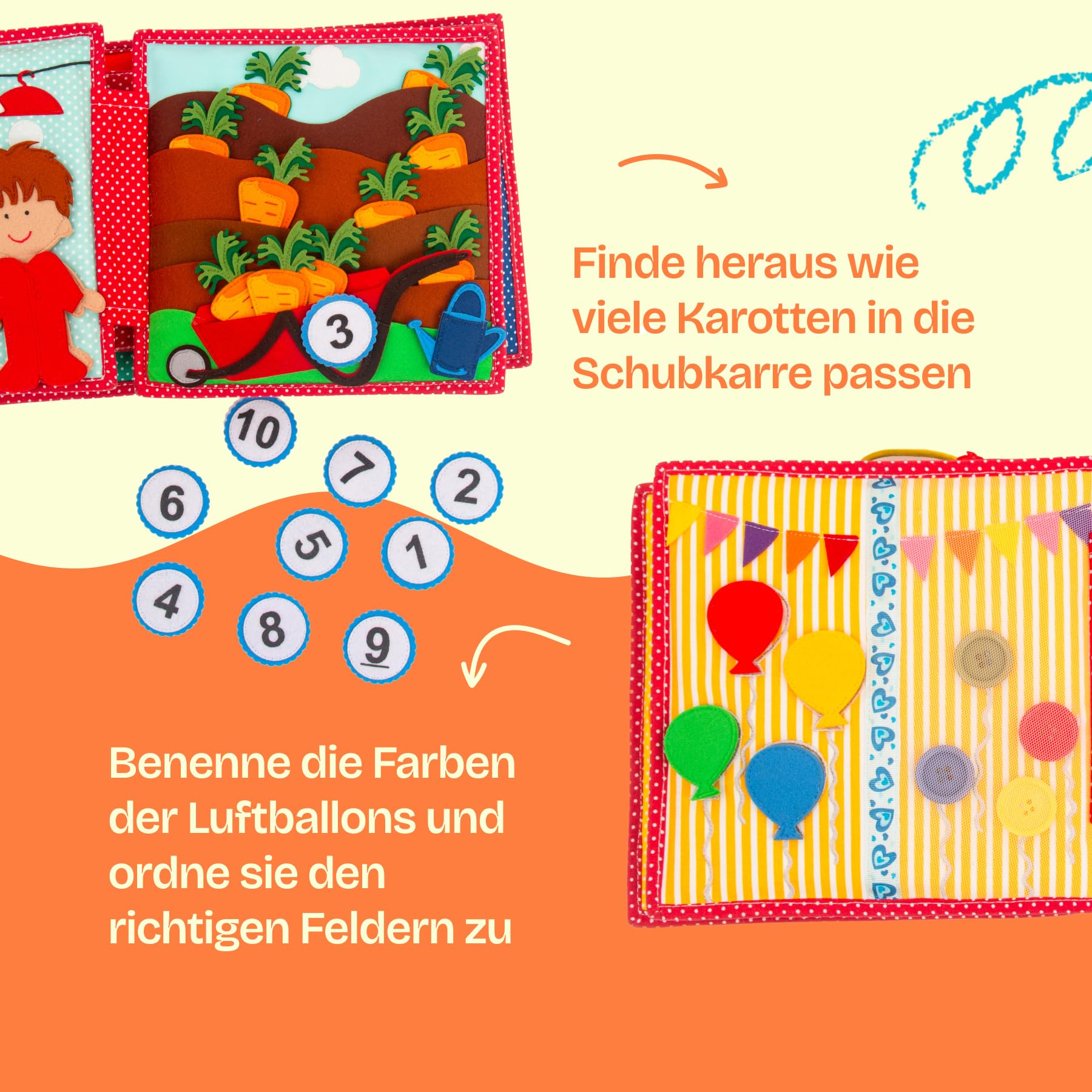 Jolly Designs – Du Glückspilz - 6 Seiten Quiet Book – Montessori Spielzeug ab 2 Jahren – Motorik & Sensorik fördern – Handgefertigtes Filzbuch – Lernspielzeug für Kleinkinder – Busy Book für unterwegs