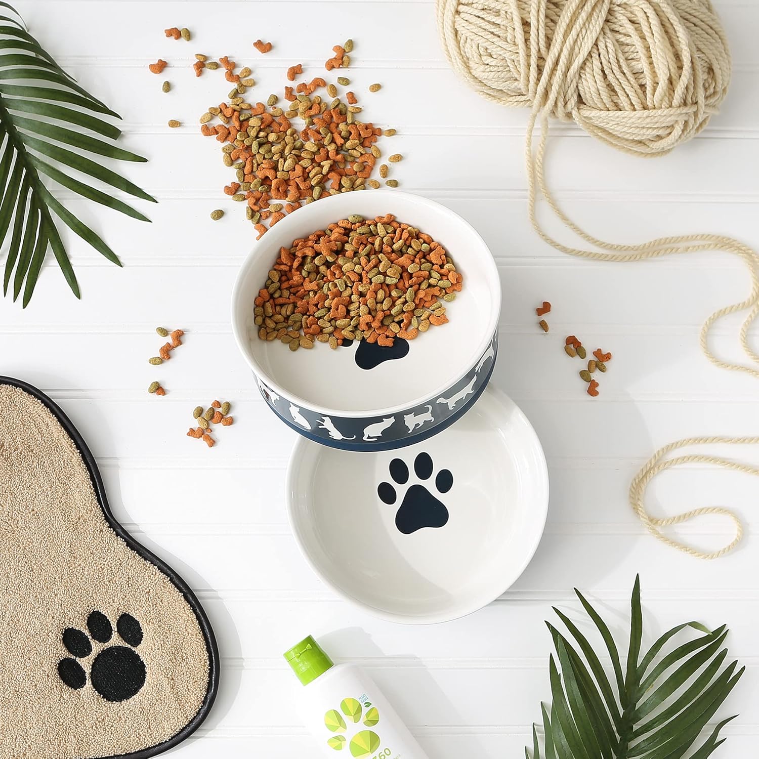 Bone Dry Ceramic Cat Bowls, Microwave & Dishwasher Safe, Large Set, 7.5x2.4, Navy, 2 Count