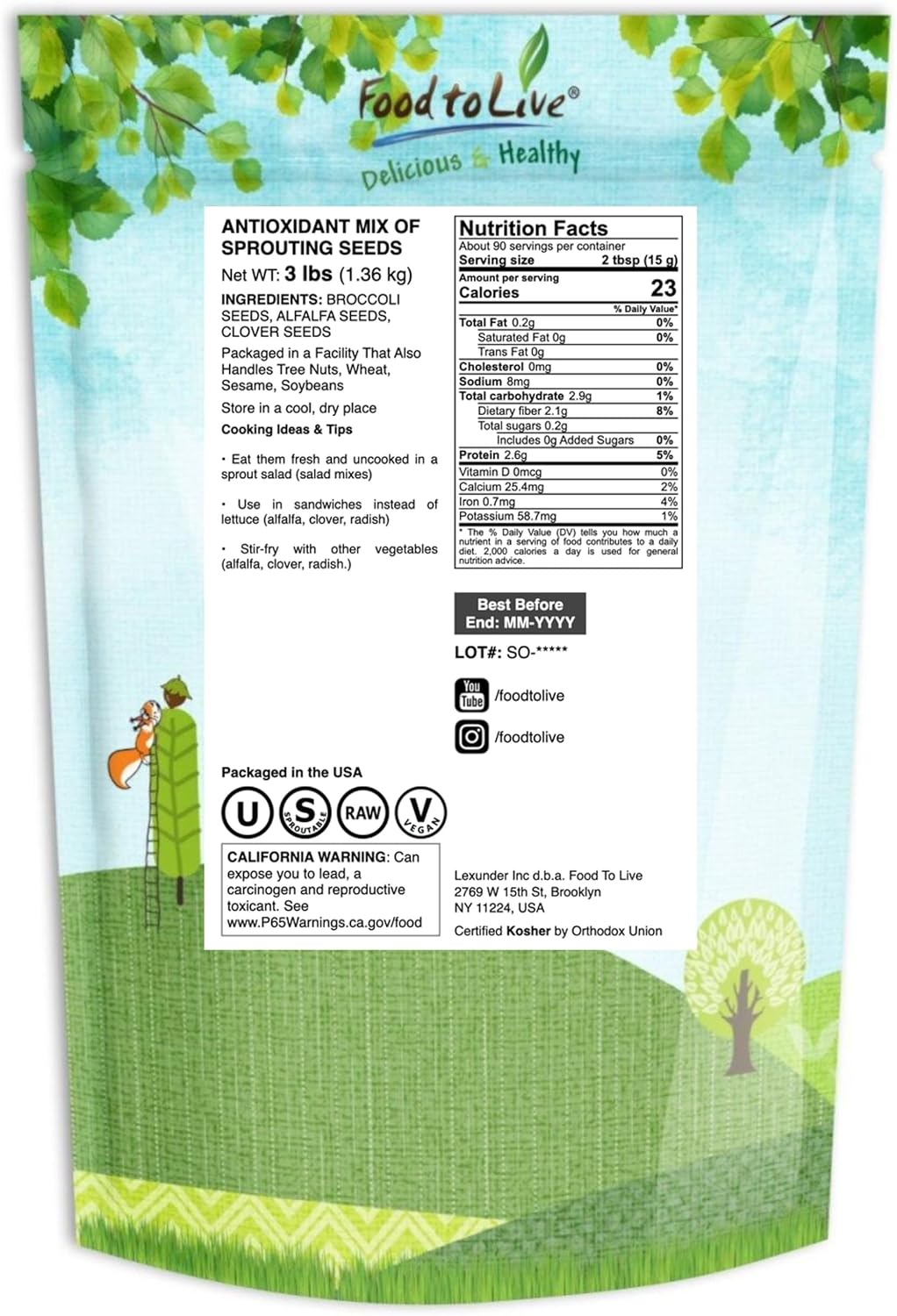 Food to Live - Antioxidant Mix of Sprouting Seeds, 3 Pounds — Broccoli, Clover, Alfalfa, Kosher, Raw, Vegan